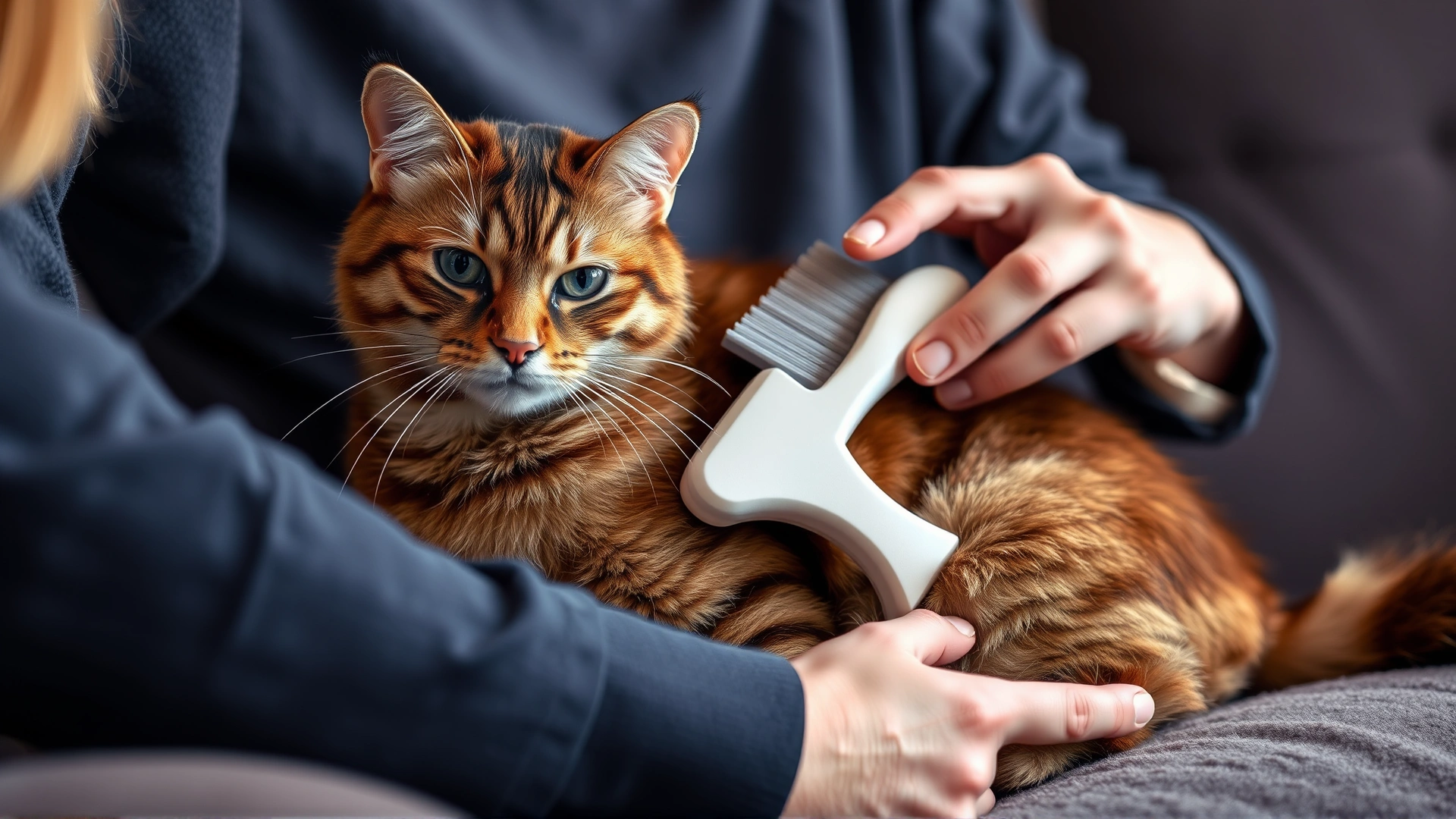 Owner gently brushing a Havana Brown cat’s short coat with a soft bristle brush on a cozy couch, emphasis on bonding moment