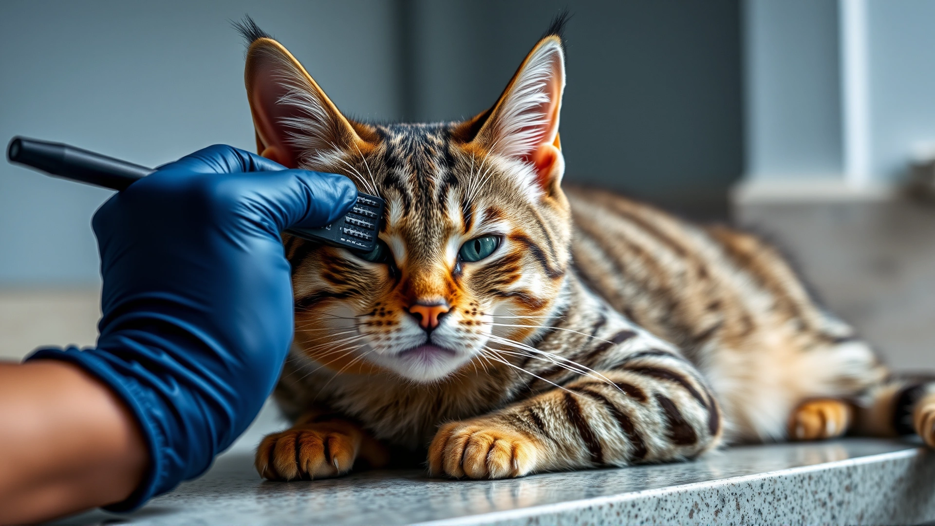 Close-up of a hand using a grooming glove to brush the short coat of a relaxed Ocicat on a countertop.