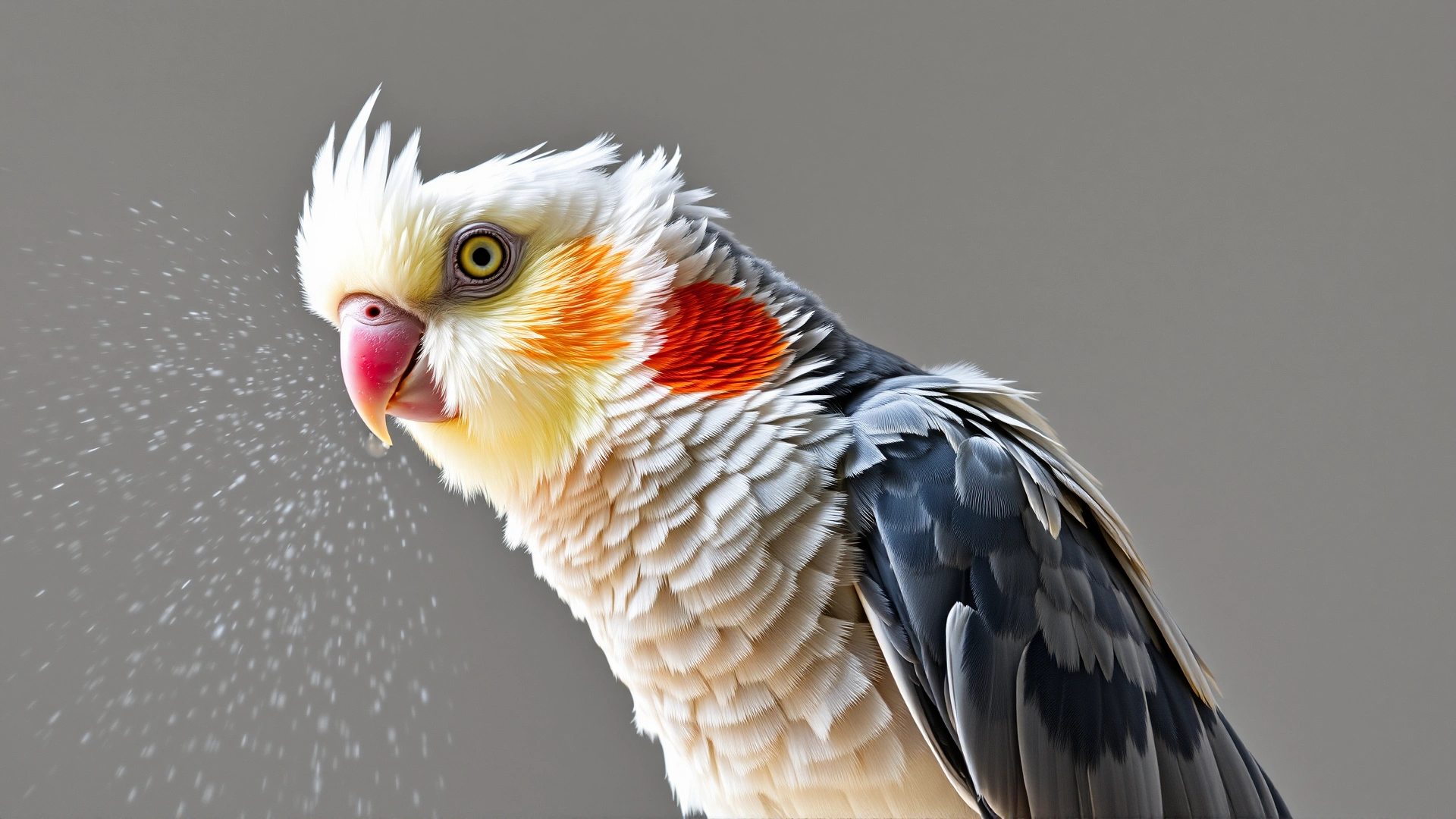Cockatiel enjoying a light misting bath, feathers slightly fluffed, against a neutral background.