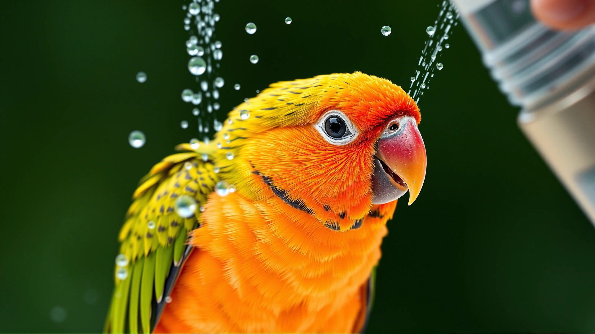 Small parrot enjoying a mist bath under a gentle spray bottle, water droplets sparkling in the air.