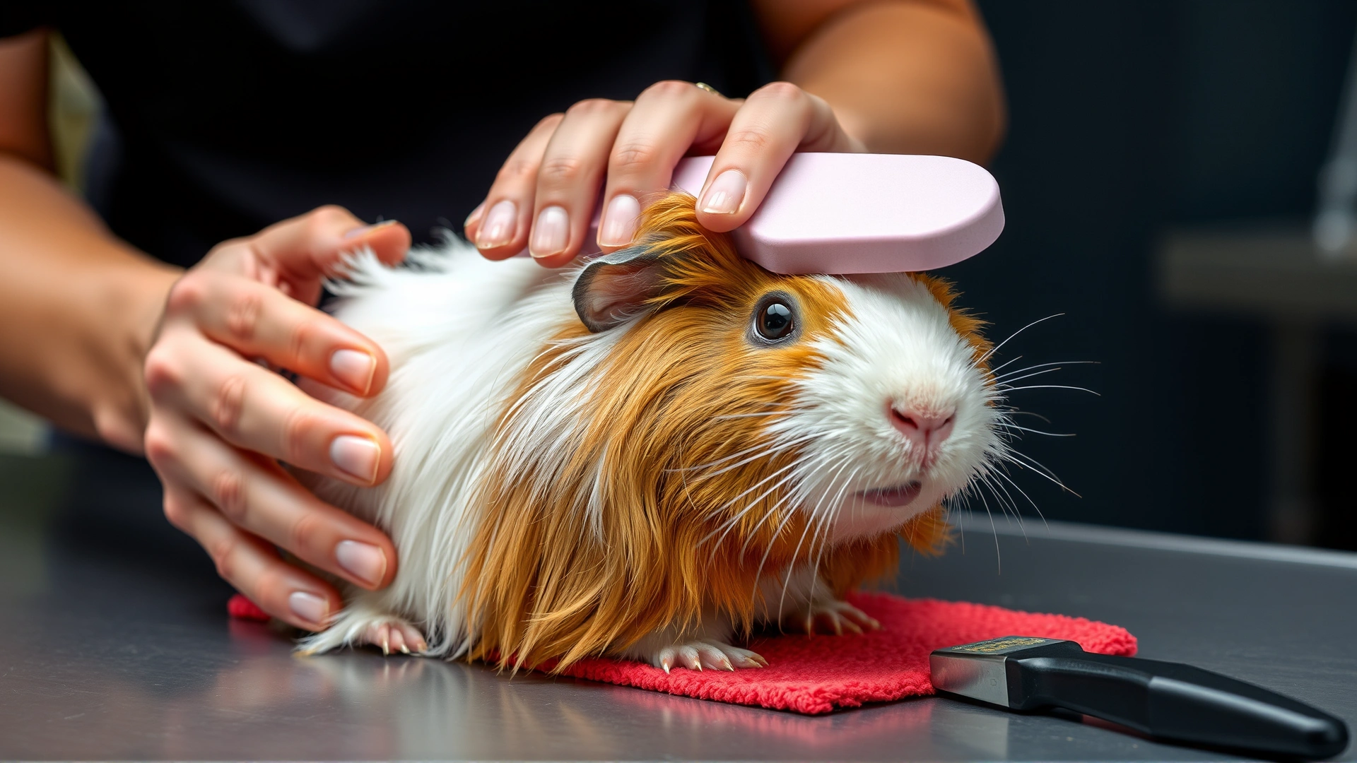 Hands using a soft brush to groom the long silky fur of a white-and-brown guinea pig on a grooming table.