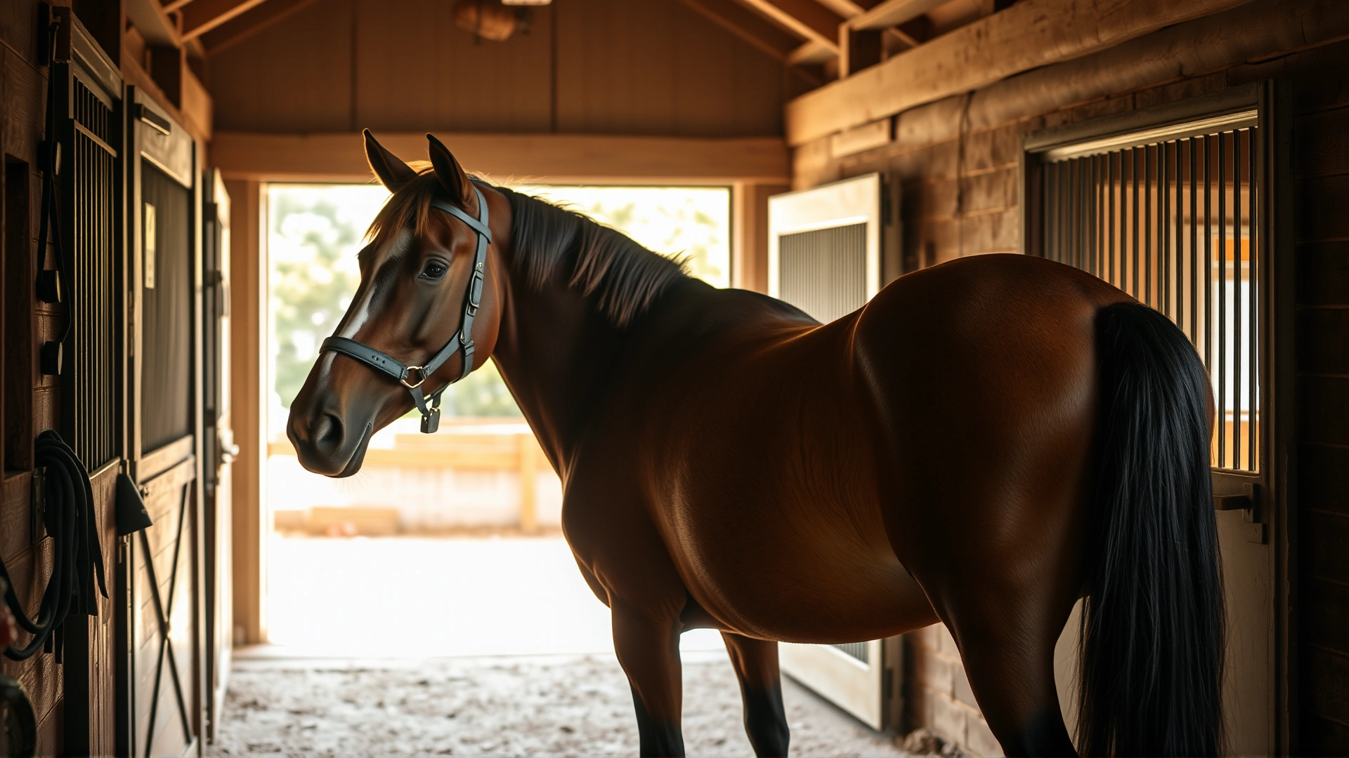 Stable scene of a groom brushing an American Saddlebred's coat with soft sunlight entering through the stable door.
