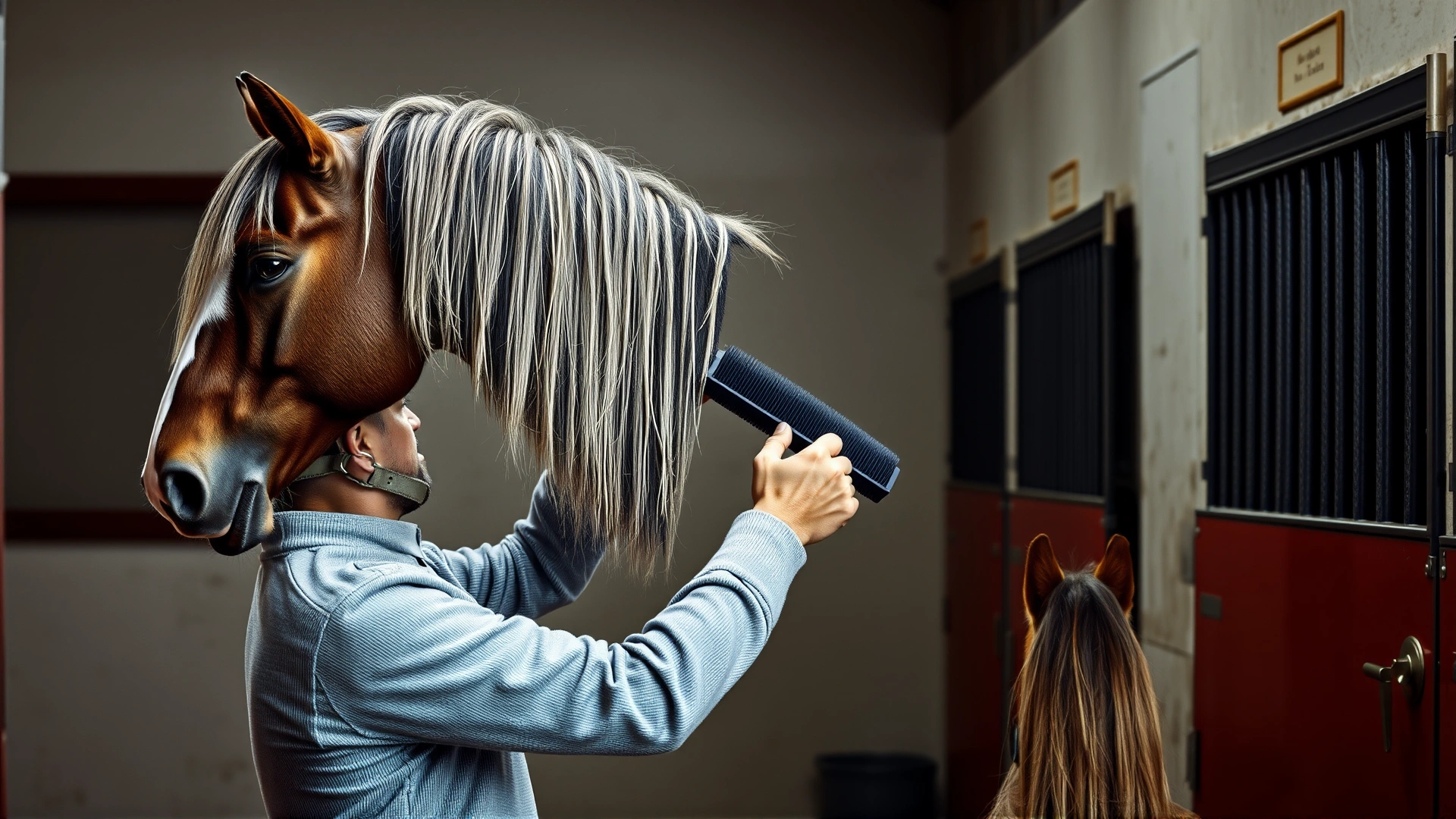 Groom brushing Andalusian horse’s long tail in a clean stable, emphasizing daily care routine