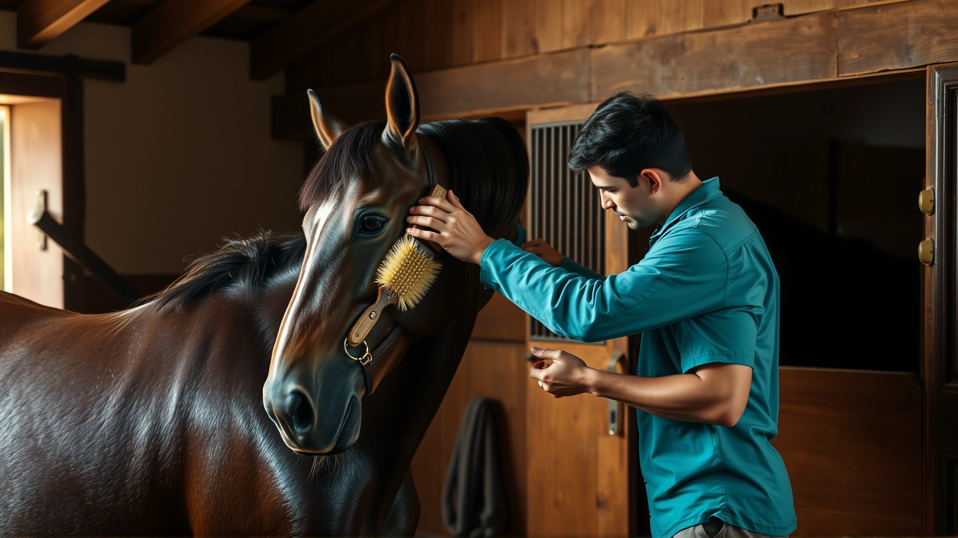 Gentle scene of a caretaker brushing a Galiceño horse's shiny coat inside a rustic stable, warm lighting, lifestyle photography