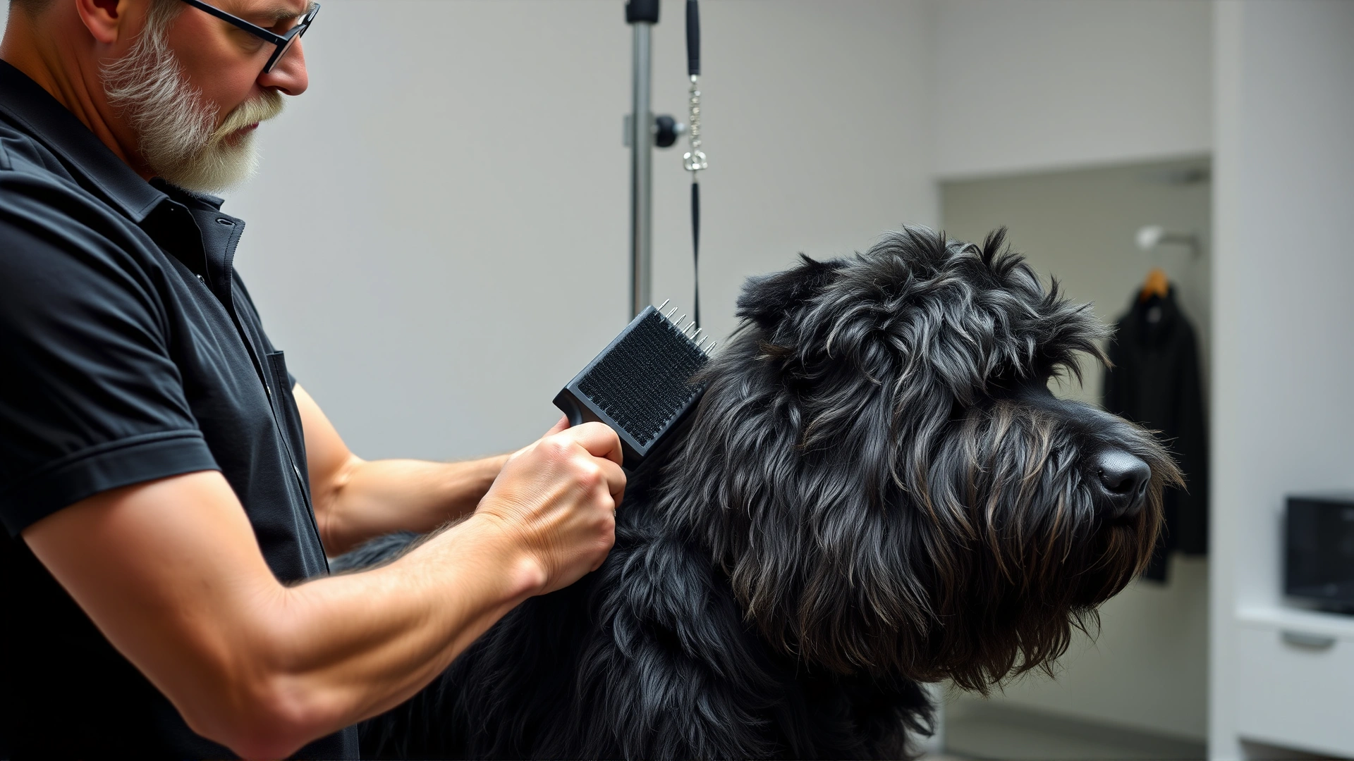 Owner brushing a Bouvier des Flandres’ dense coat with a slicker brush inside a bright, modern grooming studio.