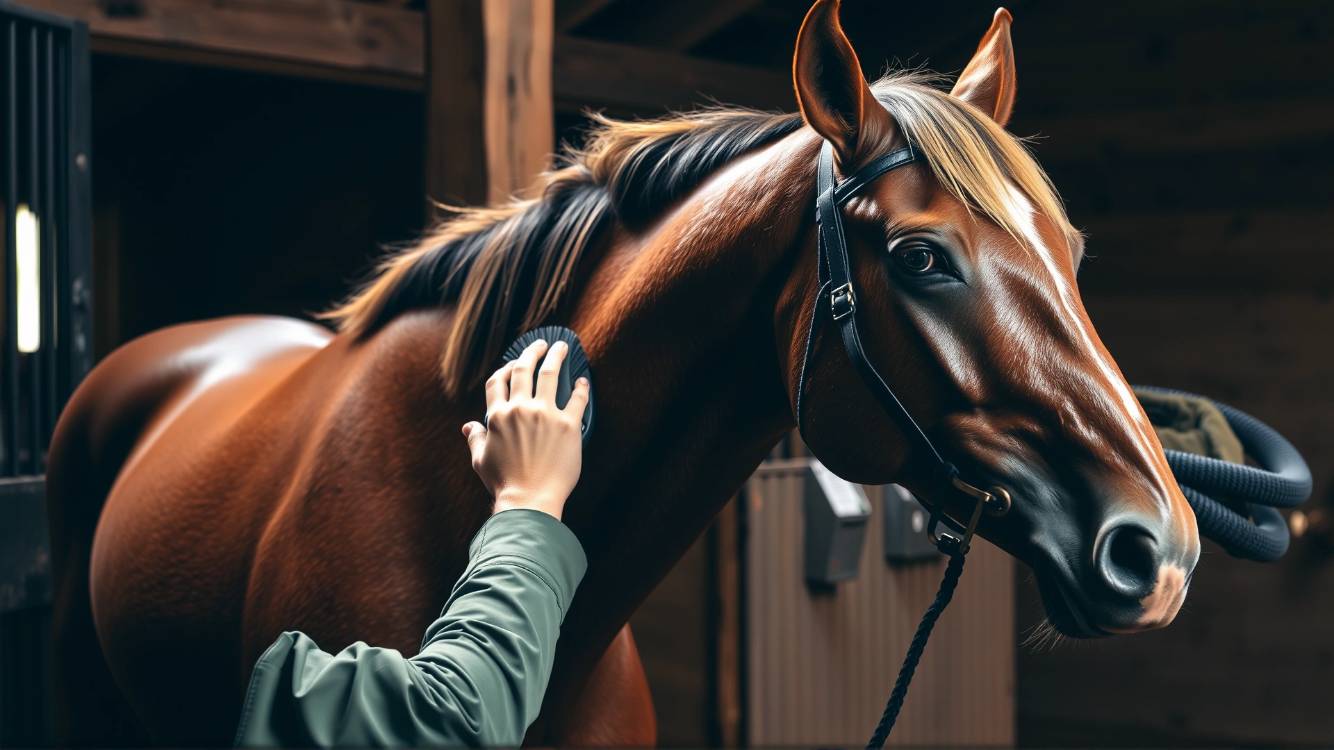 Horse owner brushing the shiny coat of a French Cob horse inside a barn, grooming equipment visible, high-resolution photo