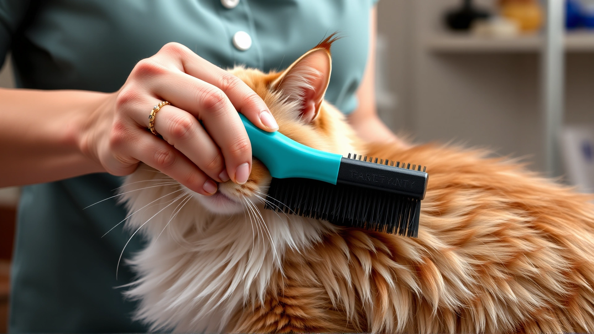 Owner gently brushing a Tiffany cat's semi-long coat with a slicker brush, highlighting grooming routine.