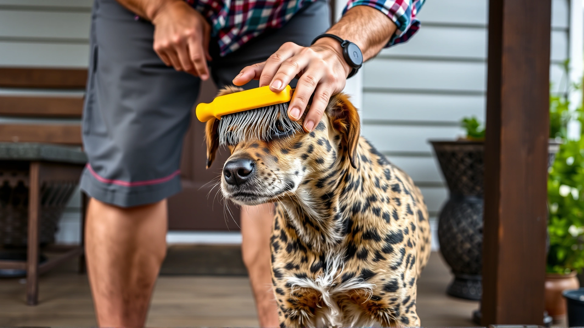 Owner brushing a short-haired Catahoula Leopard Dog with a rubber curry brush on a porch, loose hair visible to illustrate shedding level.