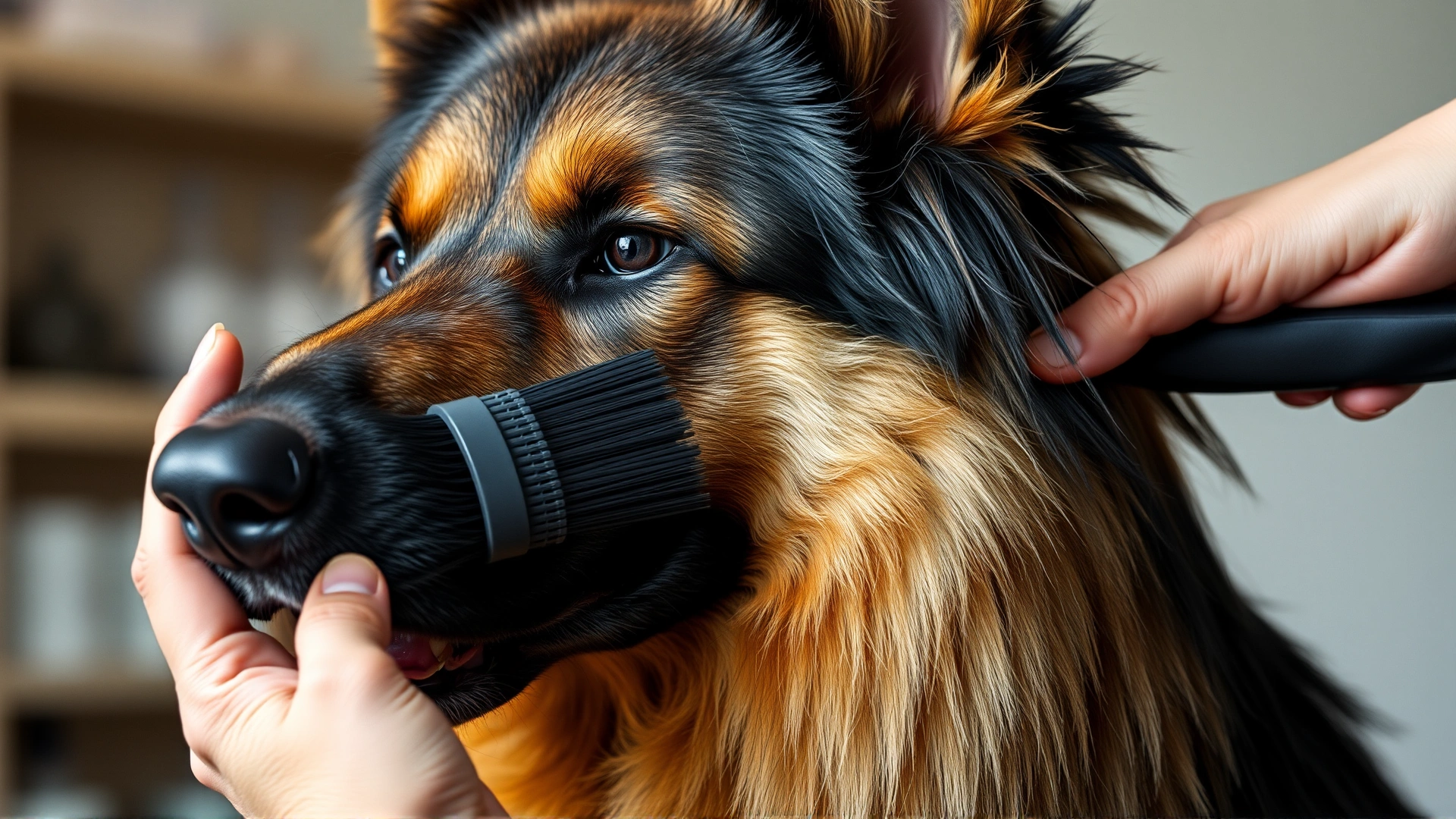 Close-up of hands brushing a German Shepherd's thick double coat during indoor grooming session