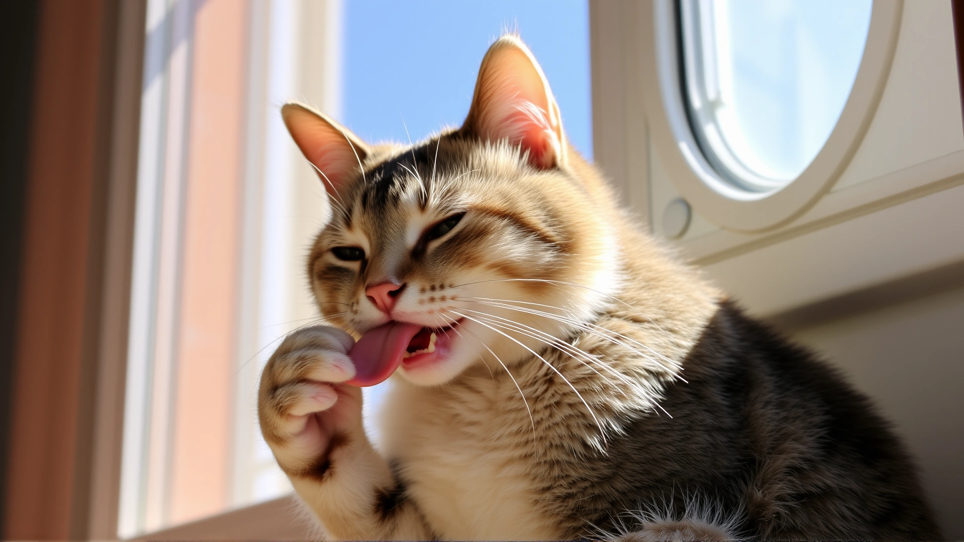 Domestic short-hair cat meticulously grooming its fur with its tongue while sitting by a sunny window.
