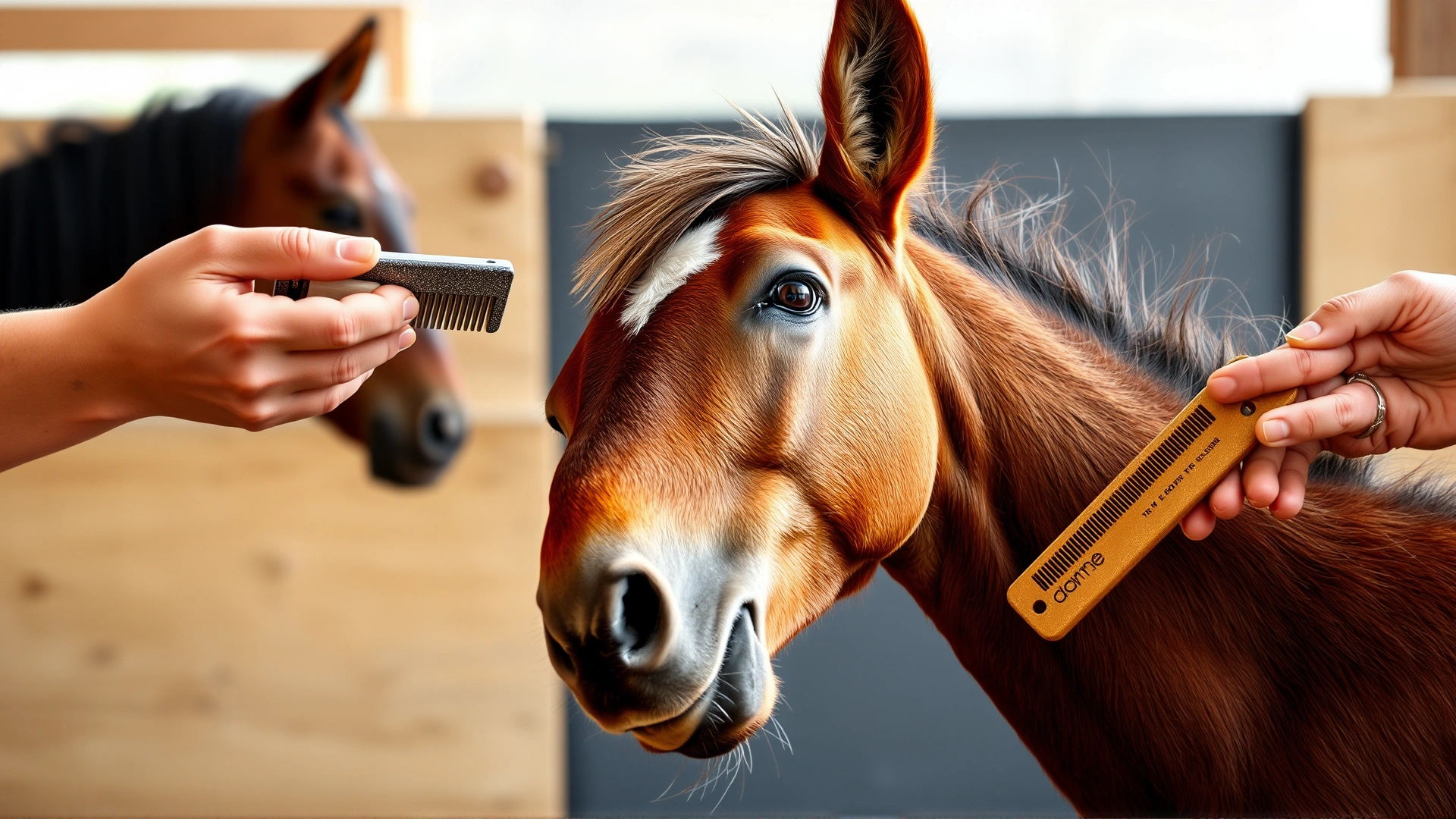 Happy foal leaning into a grooming session with a curry comb, showing bonding moment; bright stable setting
