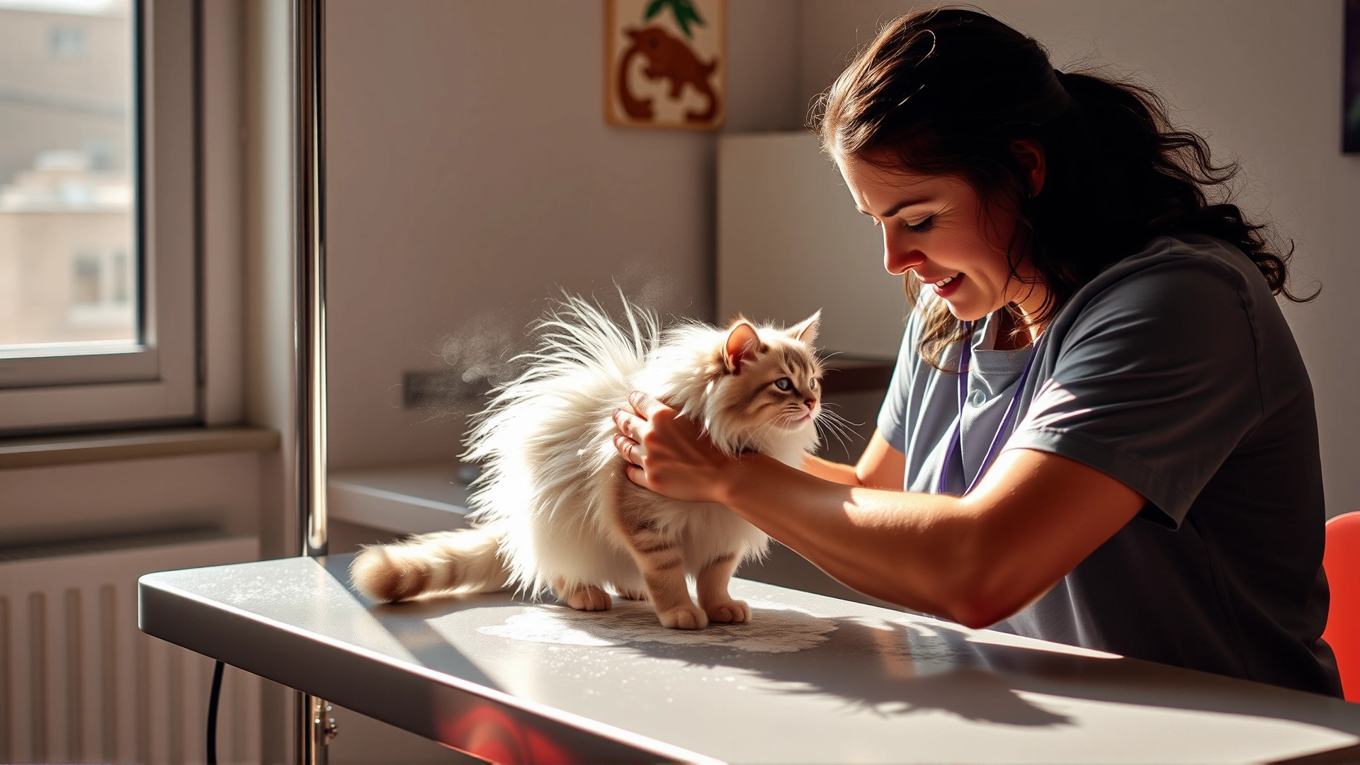 Owner brushing a long-haired kitten on a grooming table after a bath, with sunlight streaming from a nearby window