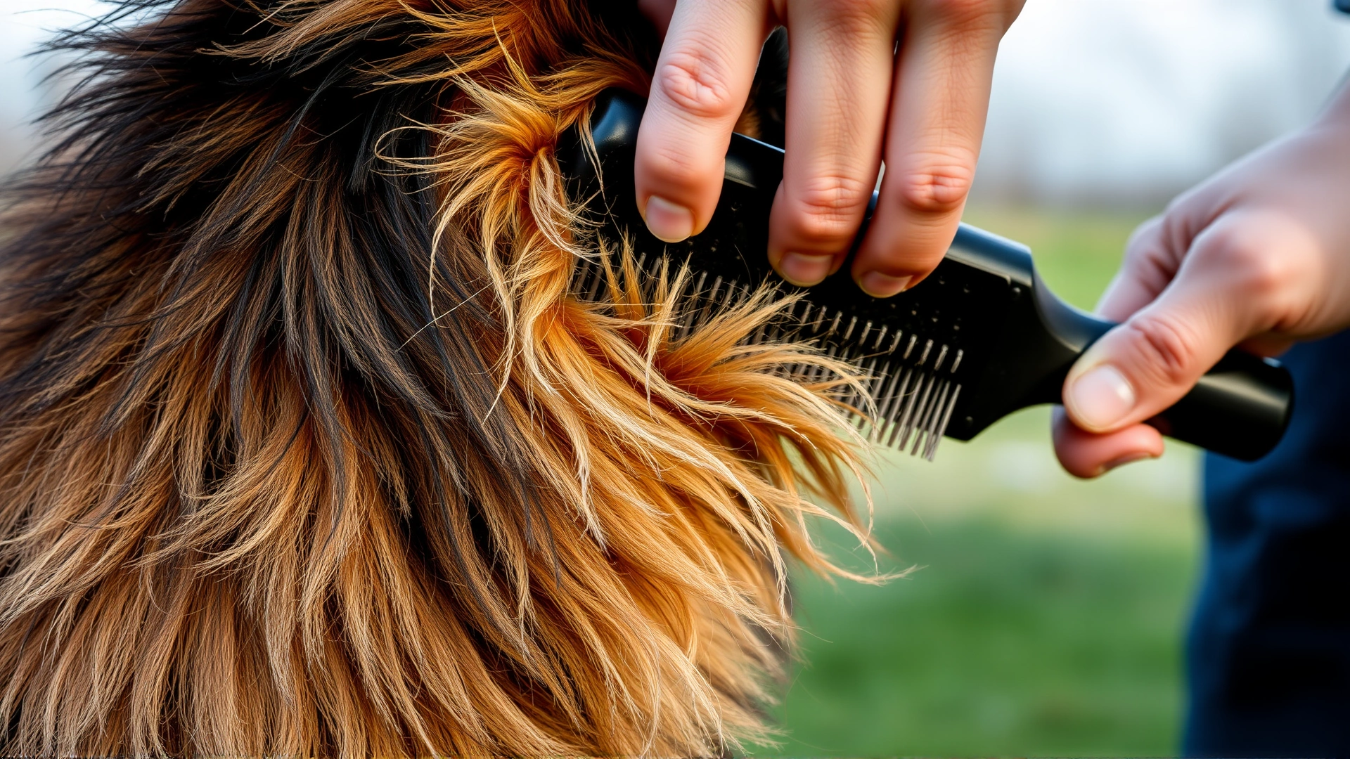 Close-up of a hand brushing a Dutch Shepherd’s coat outdoors, with loose undercoat fur collected on the brush.