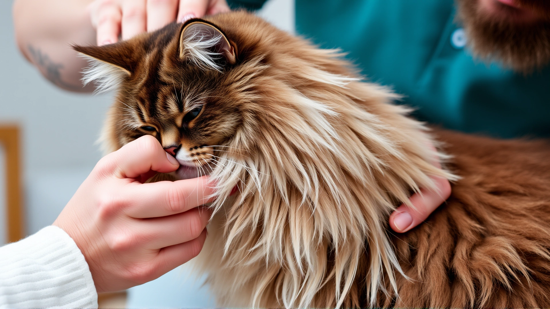 Owner carefully brushing the thick coat of a senior Maine Coon cat, emphasizing grooming needs.