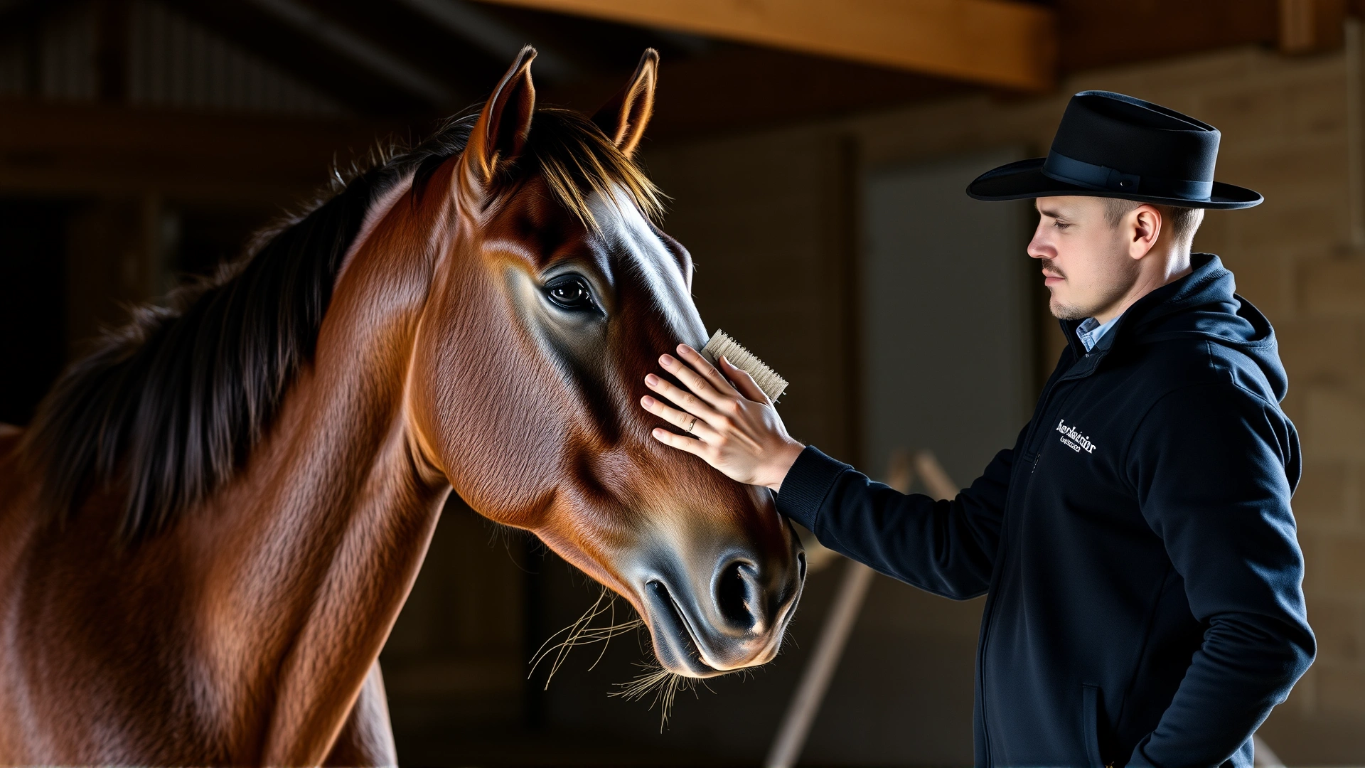 Horse owner gently brushing a Bashkir Curly horse’s coat in a well-lit barn, showcasing proper grooming technique, no text.