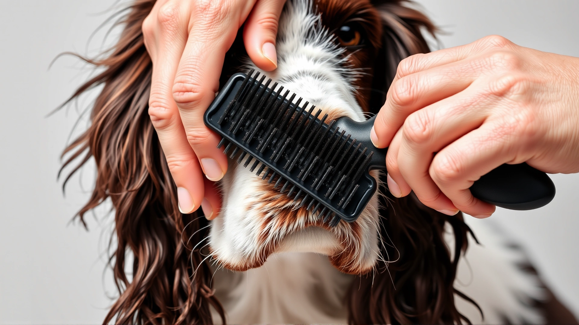 Close-up of hands gently brushing the wavy coat of an English Springer Spaniel with a slicker brush.