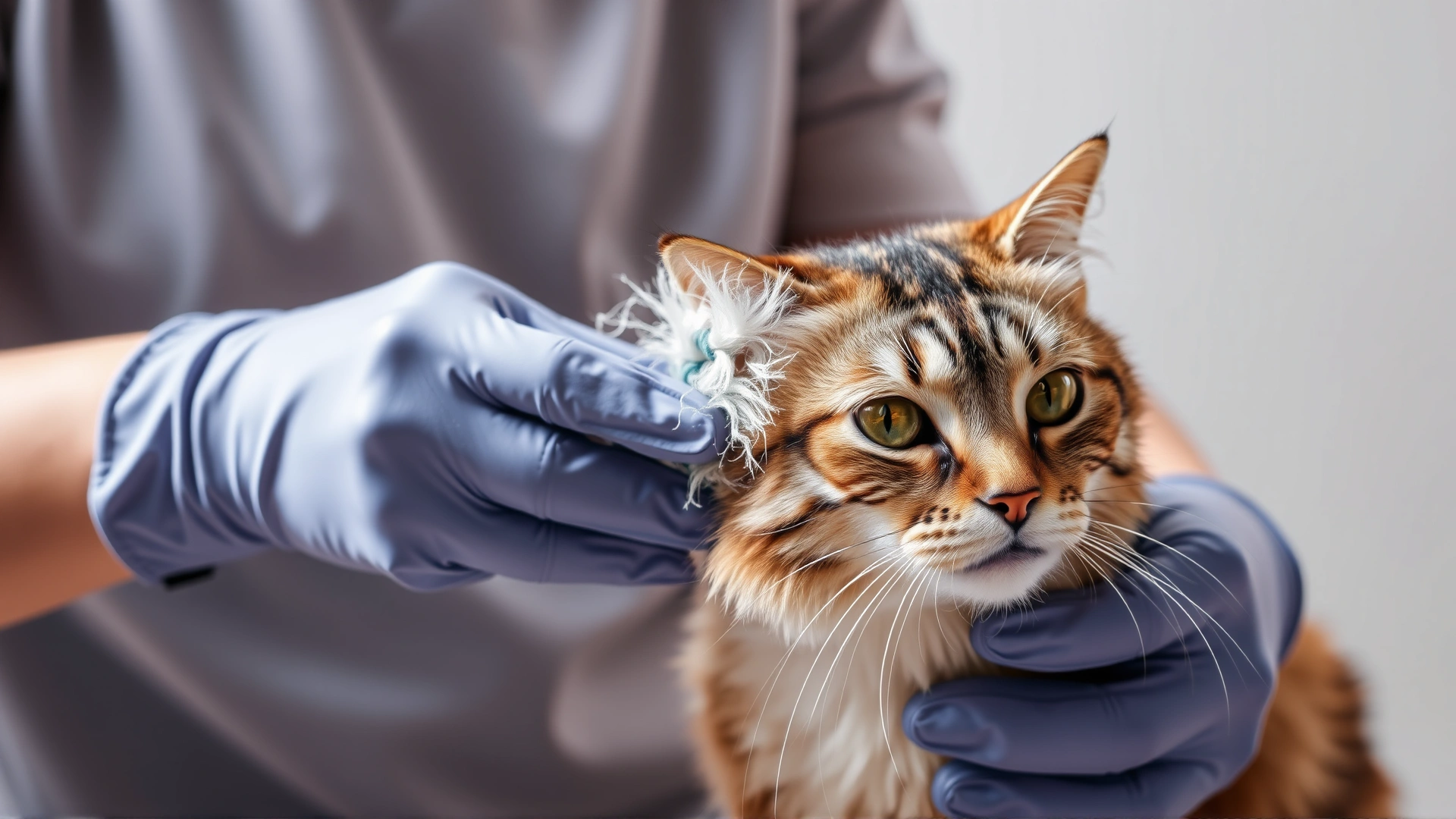 Pet parent brushing a short-haired cat with a grooming glove, loose fur visible on glove bristles