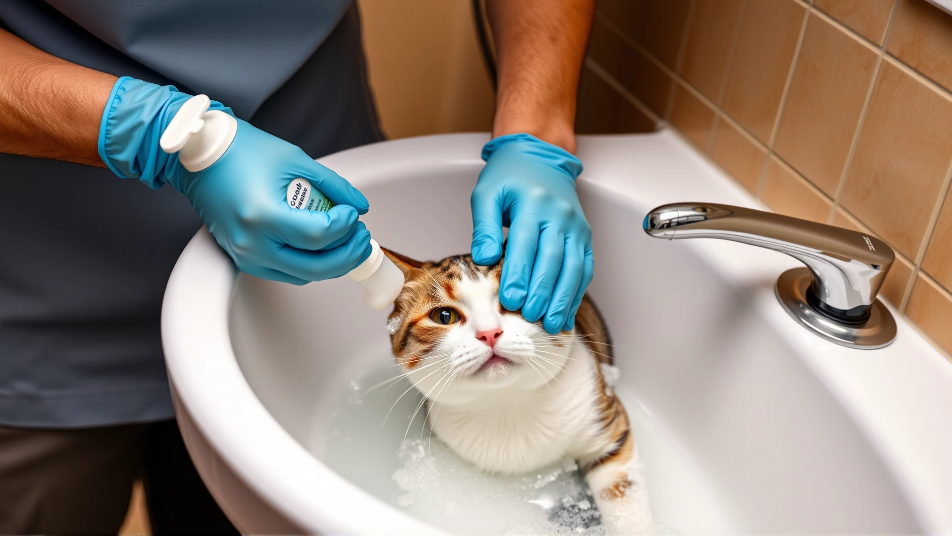 Pet owner wearing grooming gloves bathing a domestic cat in a sink using medicated shampoo, emphasizing home care.