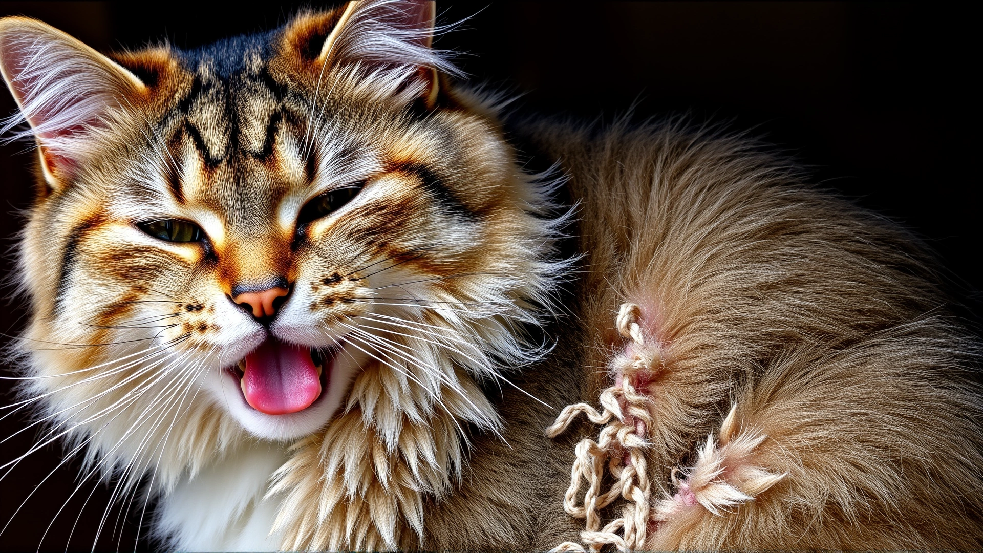 Cat grooming itself with tongue out, but with visible mats of fur to illustrate lack of proper coat care.