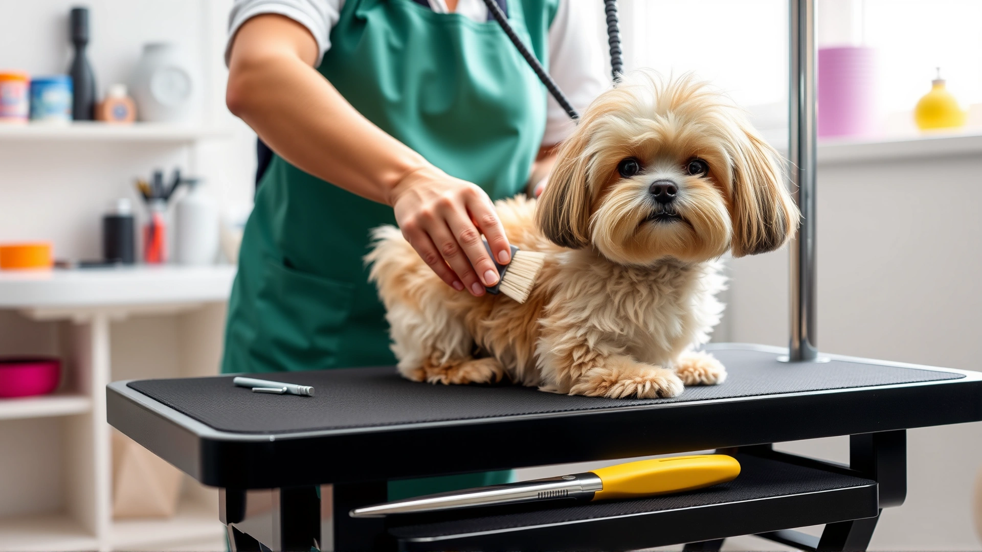 Owner brushing a Chi-Poo on a grooming table with grooming tools neatly arranged, bright grooming salon setting, high resolution