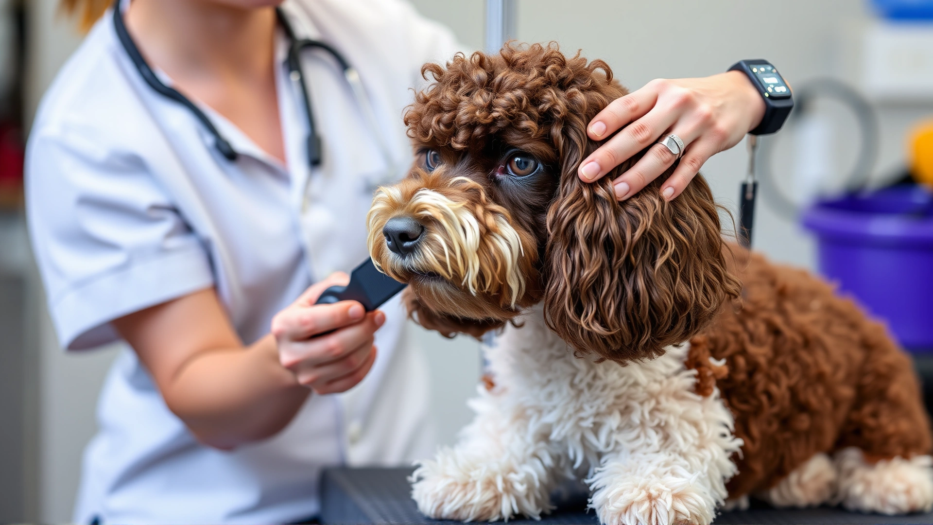 Professional groomer brushing an Irish Water Spaniel on a grooming table, focus on comb moving through curly coat