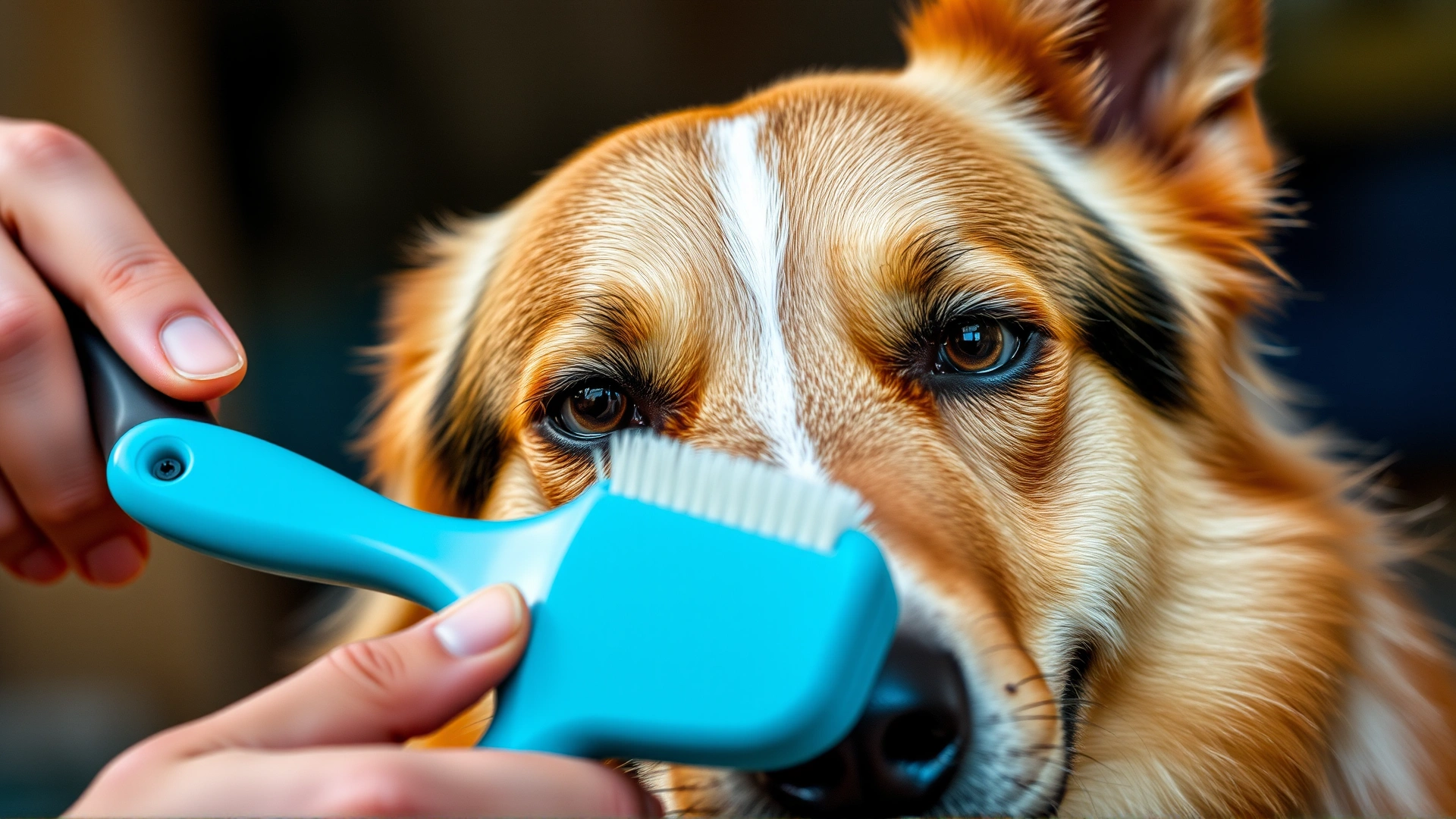 Close-up photo of a person brushing a Carolina Dog’s double coat with a slicker brush
