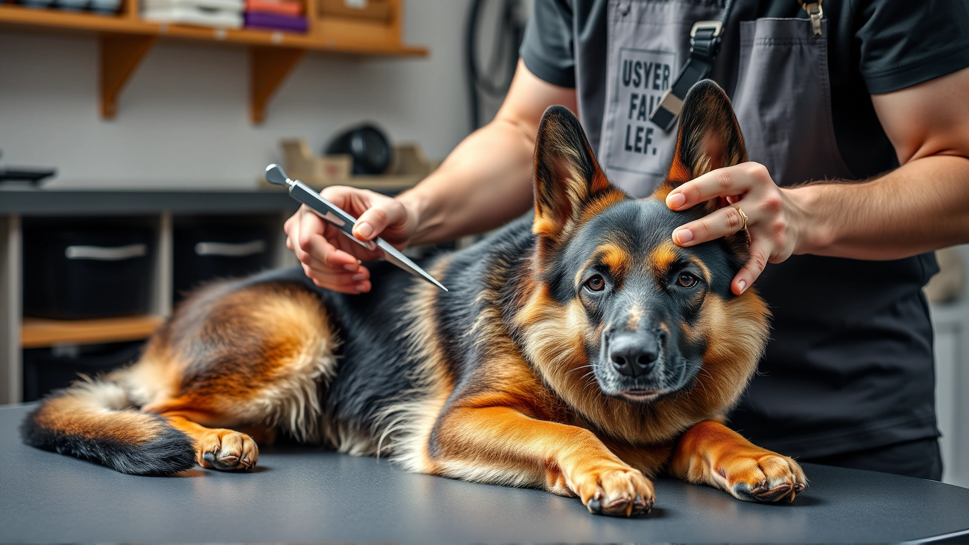 Owner gently trimming a German Shepherd's nails while the dog sits calmly on a grooming table