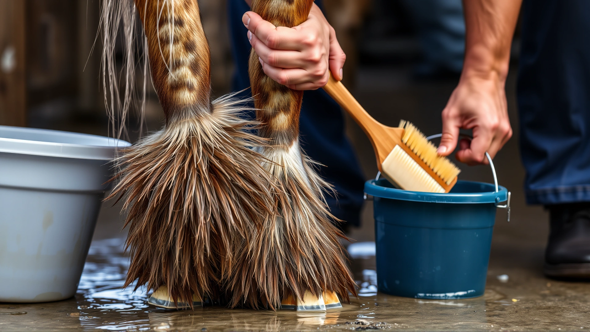 Owner carefully washing and brushing the feathered legs of an Irish Cob with a soft brush and bucket of water. Focus on the grooming process.