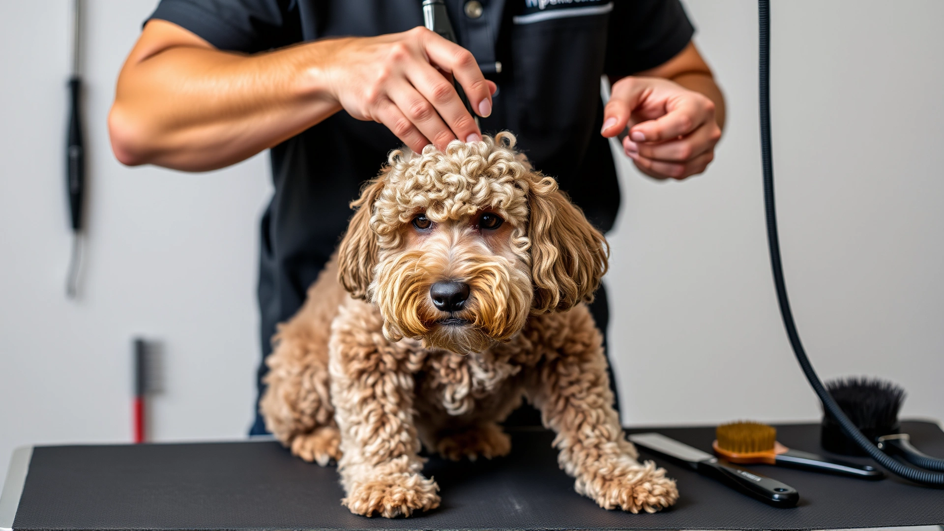 Professional groomer trimming a Lagotto Romagnolo’s curls on a grooming table, tools and brushes visible.