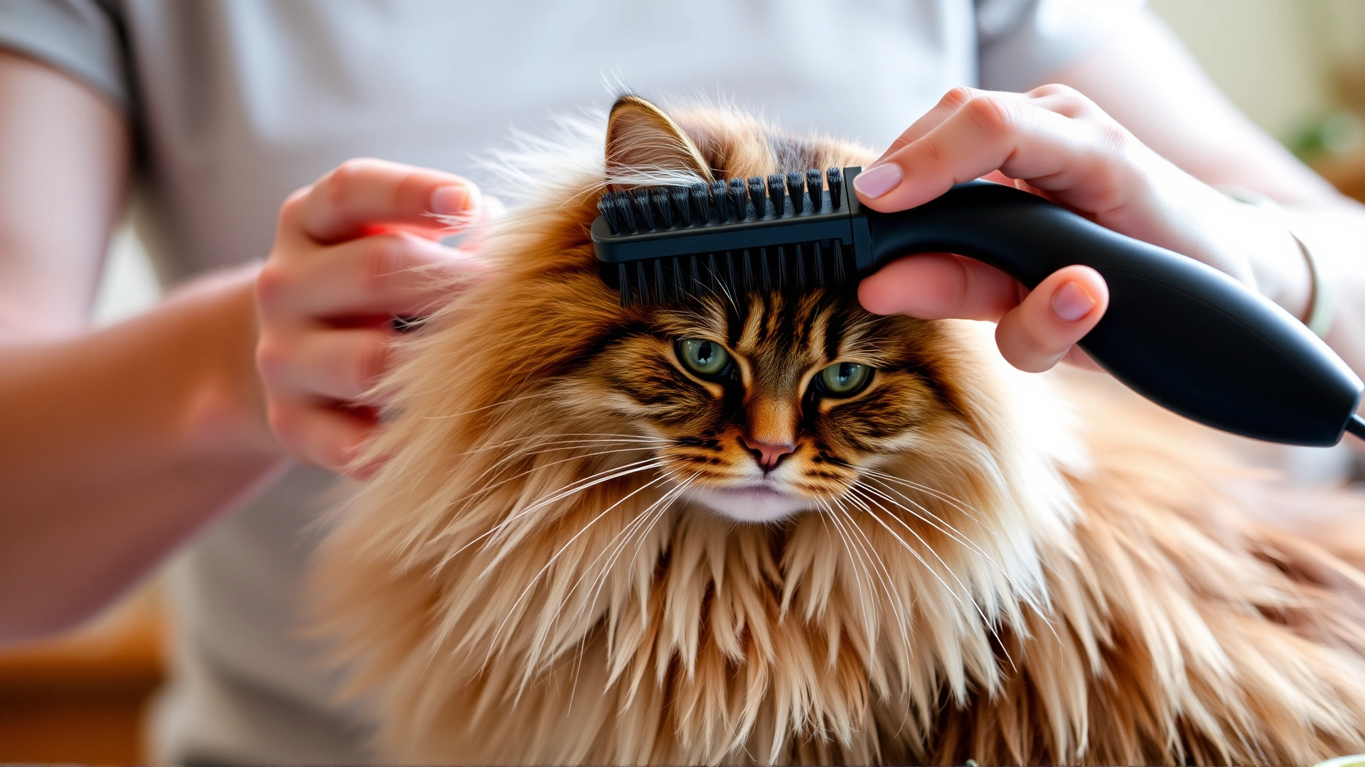 Owner brushing a long-haired cat with a slicker brush, loose fur visible, warm indoor setting.
