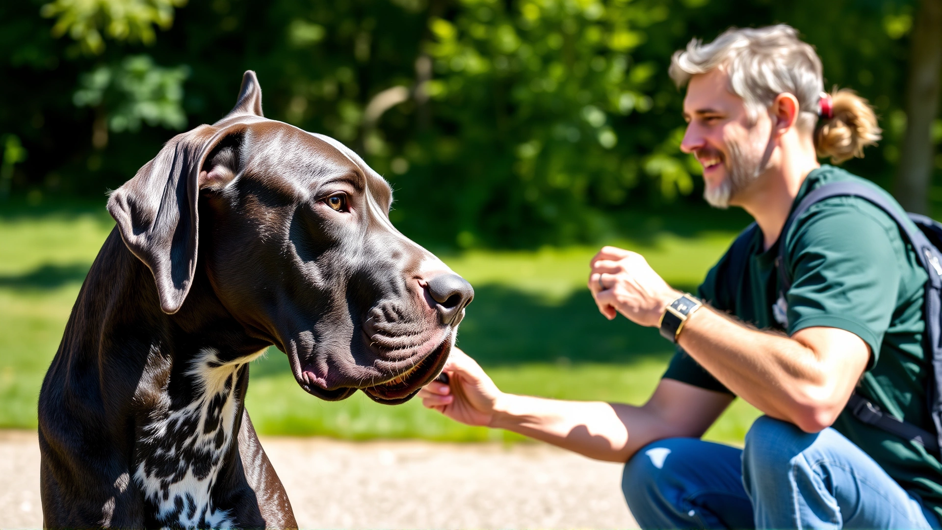 Owner gently brushing a Great Dane’s short coat outdoors on a sunny day