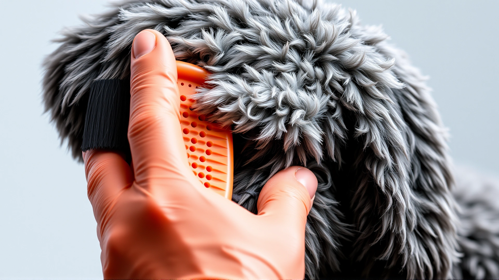 Close-up of a hand using a rubber grooming glove to brush a Blue Lacy’s short coat.