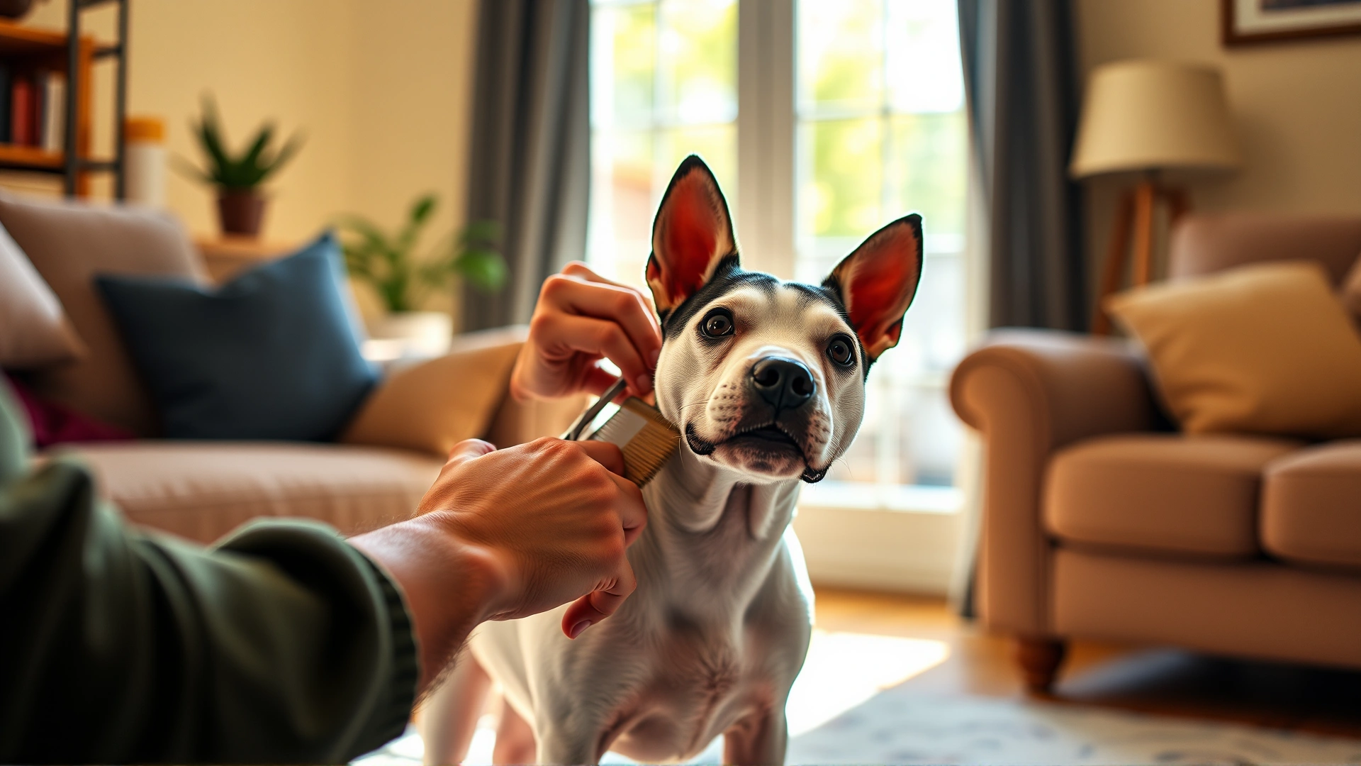 Owner gently brushing a Miniature Bull Terrier’s short coat inside a cozy, sunlit living room, close-up, no text