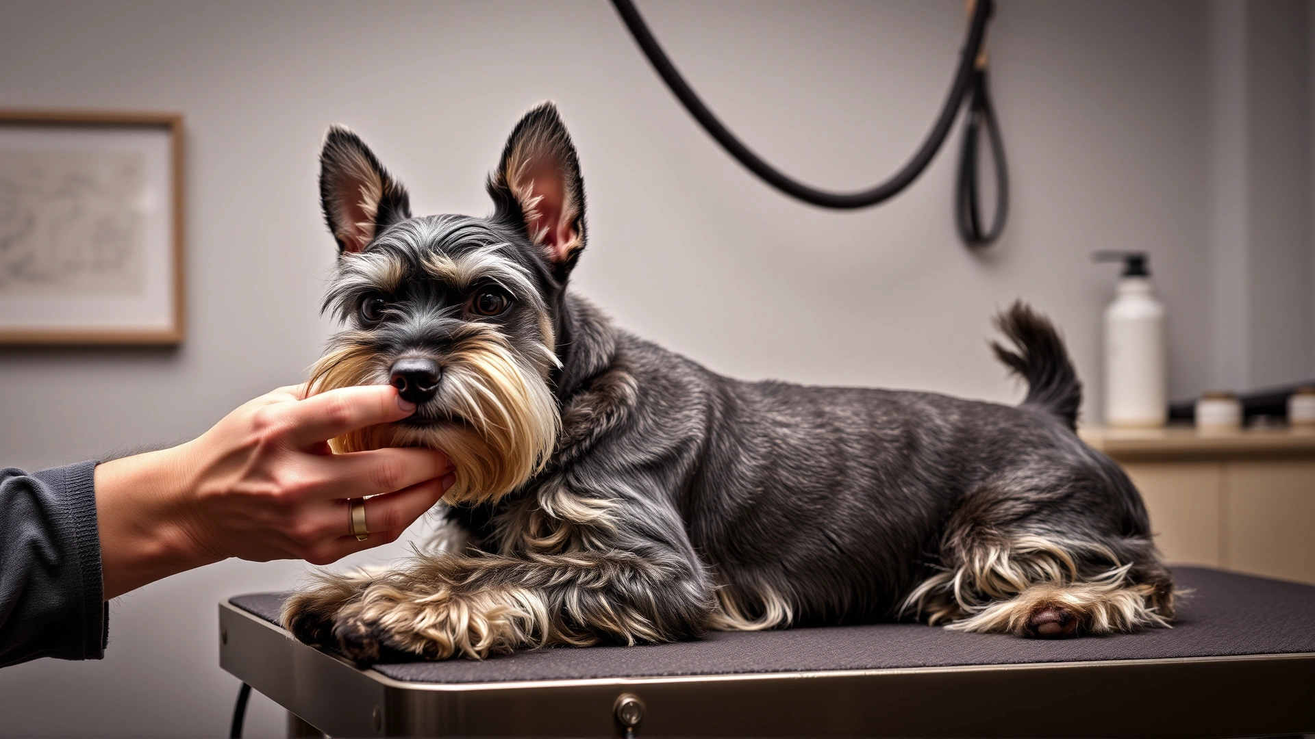 Professional groomer trimming the beard of a calm Miniature Schnauzer on a grooming table