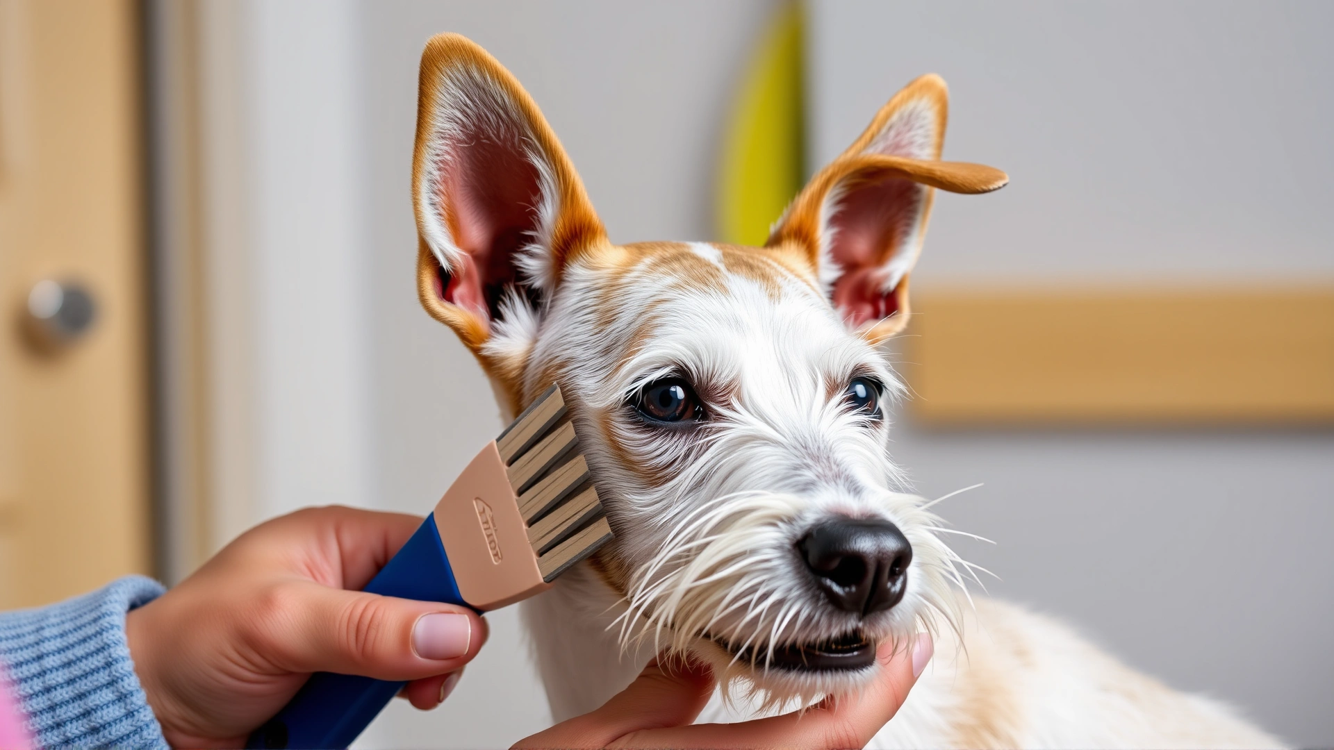 A Russell Terrier being brushed and groomed at home, showing clean ears and trimmed nails