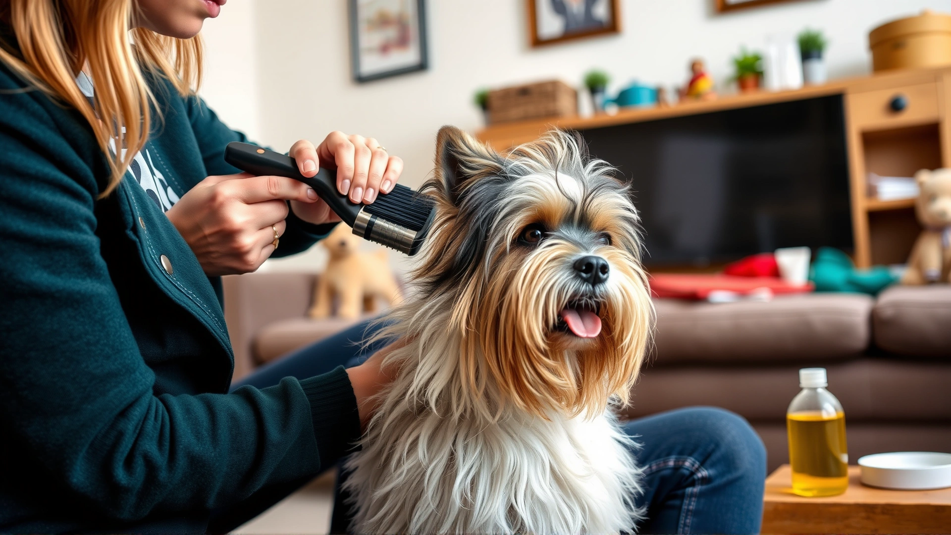 Owner brushing a Tibetan Terrier’s long coat with a slicker brush in a cozy living room, grooming supplies visible, bright and clean