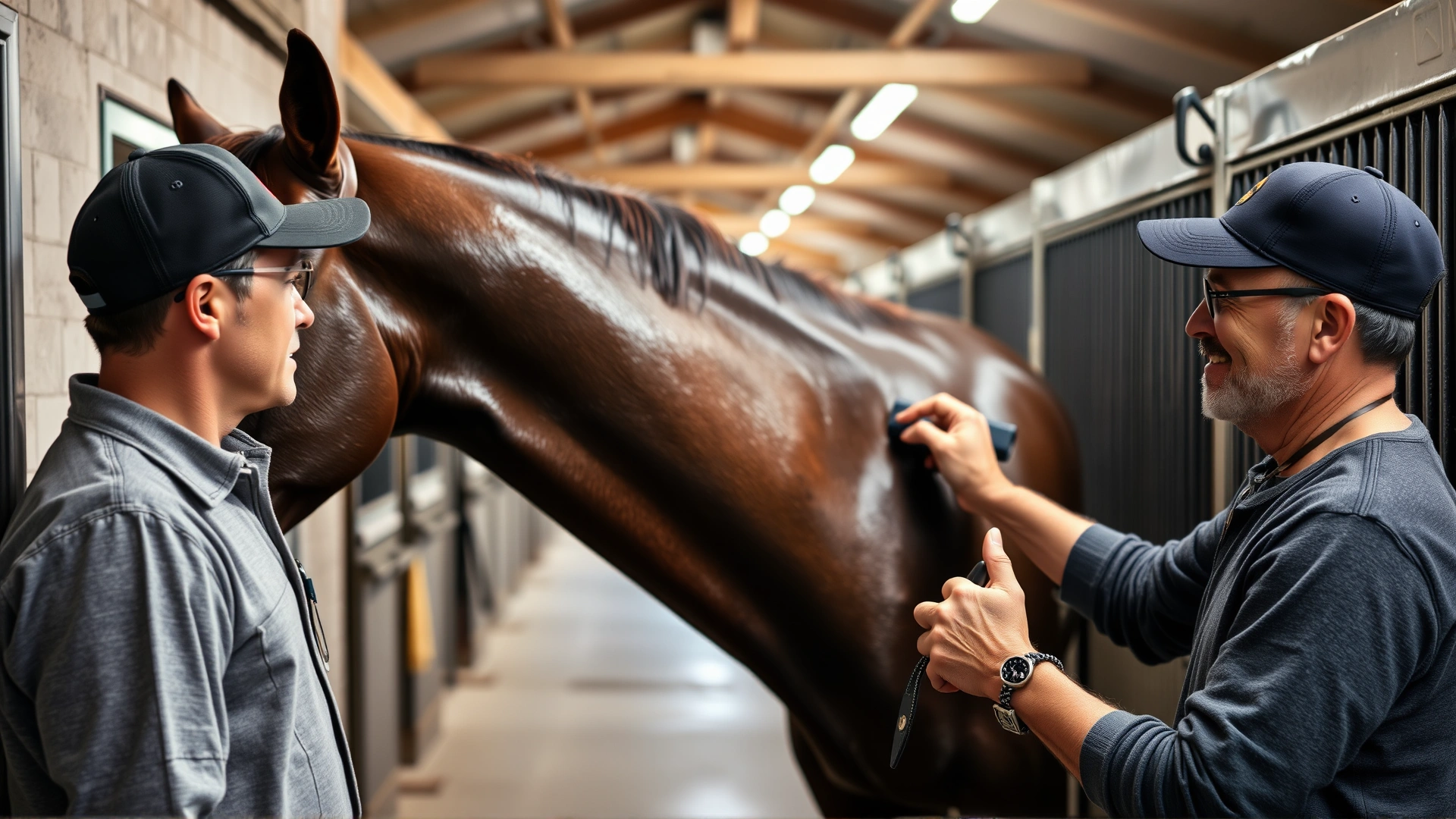 Owner brushing the shiny coat of an American Paint Horse in a stable aisle, grooming tools visible.