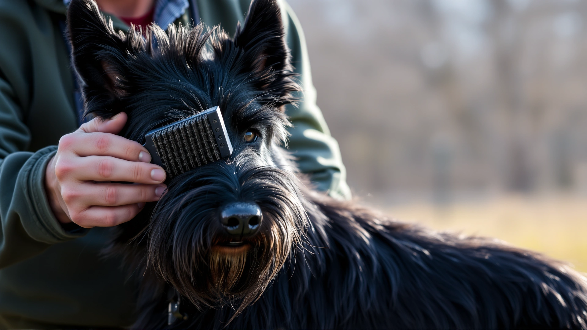 Owner brushing a Beauceron's coat outdoors during shedding season, loose fur visible on brush, natural lighting.