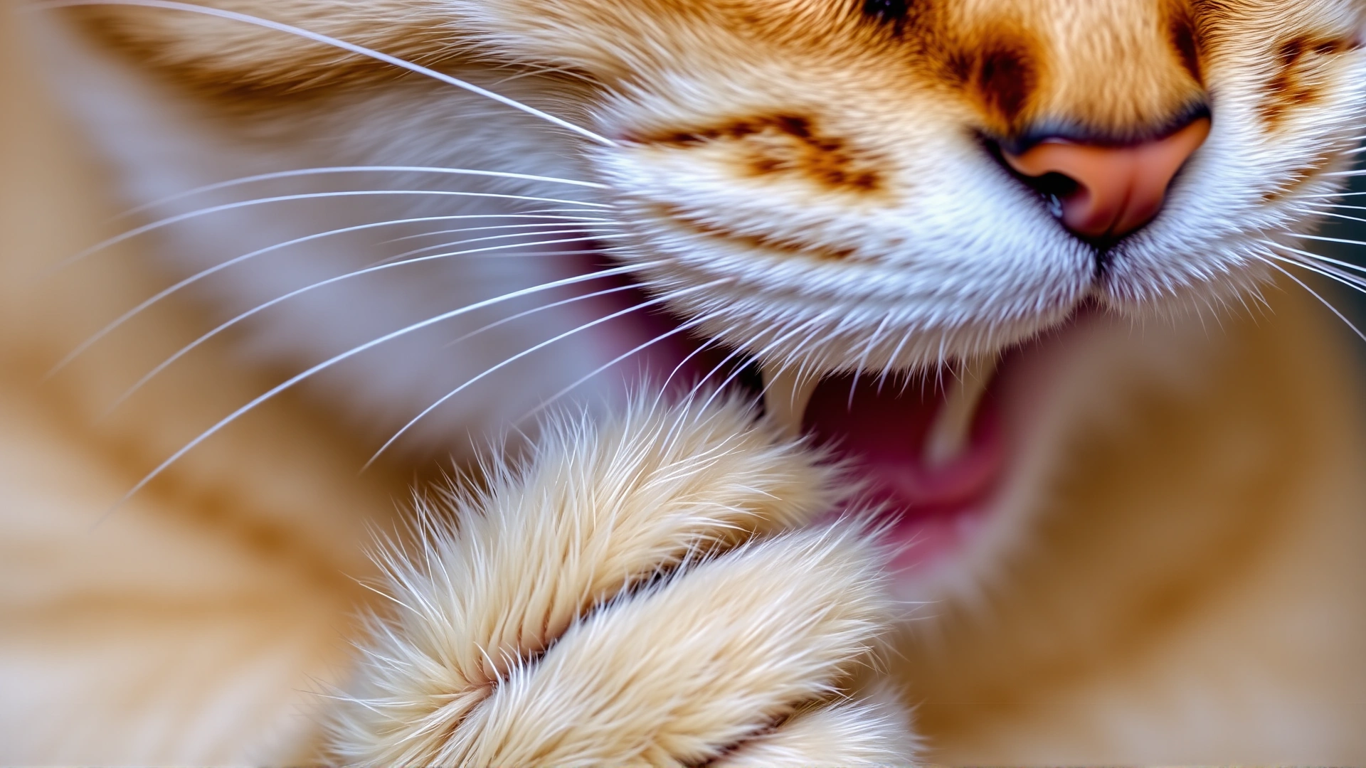 Short-haired cat carefully nibbling its own paw while grooming, close focus on front incisors