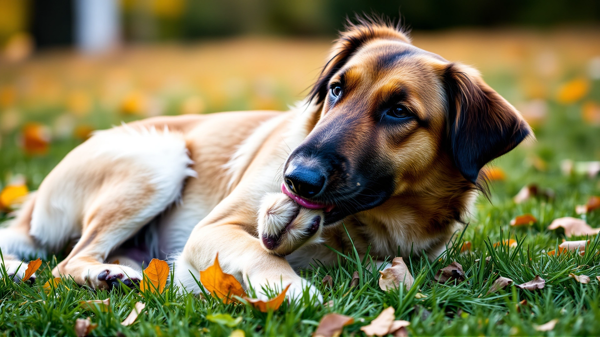 Dog lying on grass during autumn, licking its own paw for self-grooming, shallow depth of field.