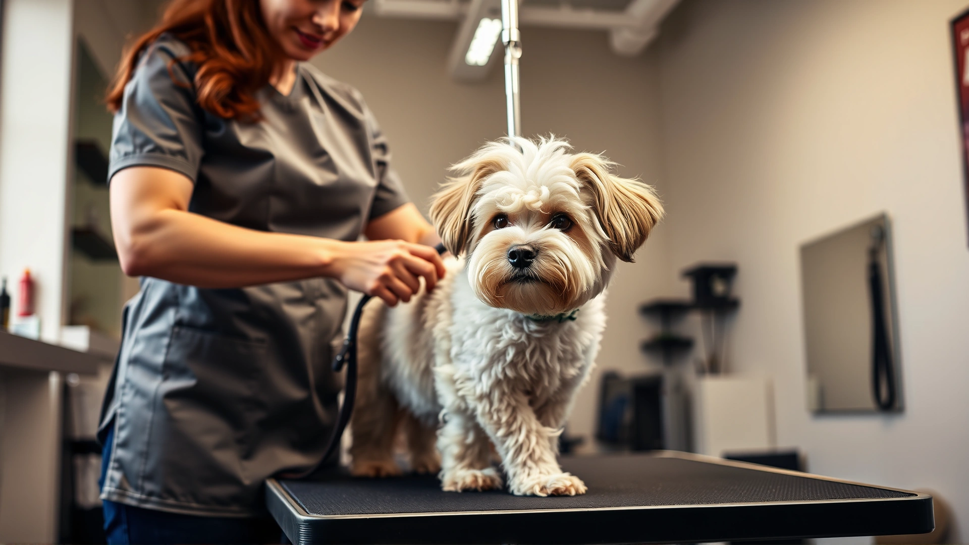 Professional groomer giving a Portuguese Water Dog a lion clip haircut on a grooming table in a well-lit salon