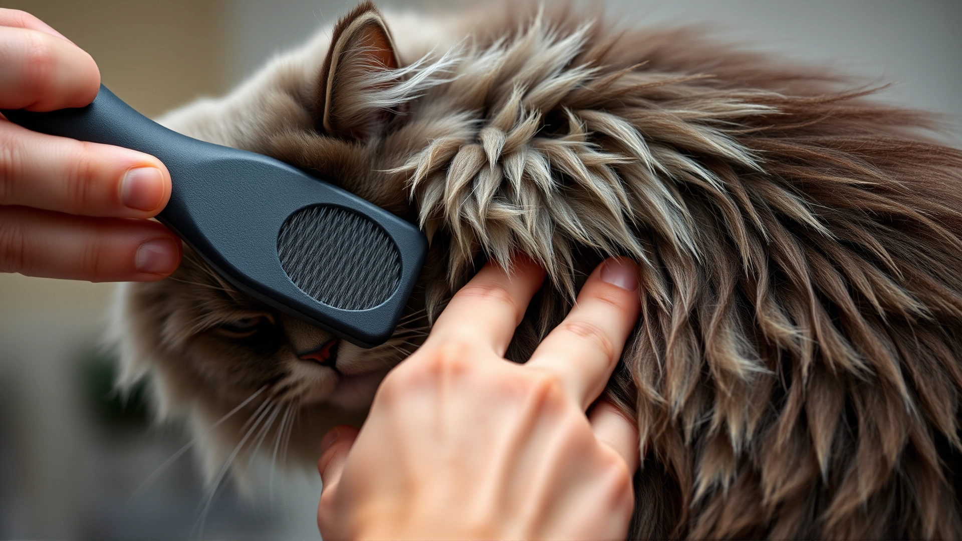 Over-the-shoulder shot of a person gently brushing a Nebelung cat’s medium-long coat, loose hairs visible on the brush.