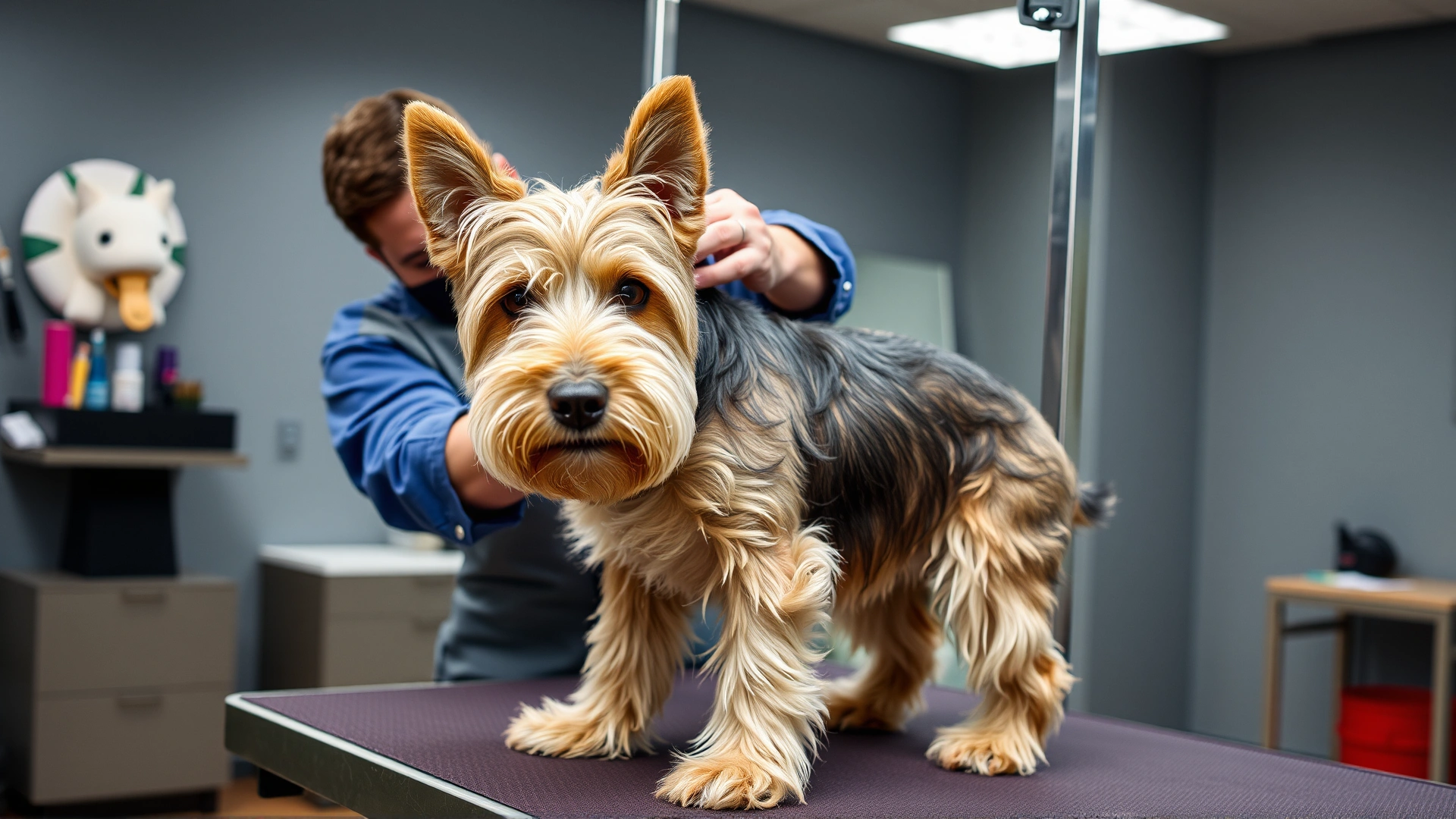 Professional groomer hand-stripping a Lakeland Terrier on a grooming table in a well-lit salon, emphasizing coat texture, no text.