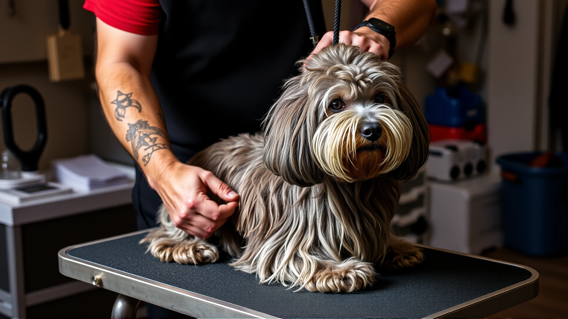 Owner gently separating and grooming the cords of a Puli on a professional grooming table.