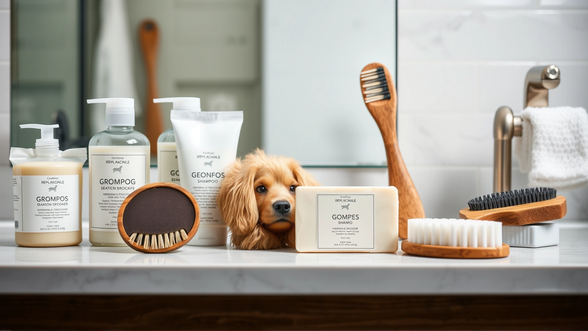 Collection of natural dog grooming products like organic shampoo bars and brushes with wooden handles arranged neatly on a bathroom counter