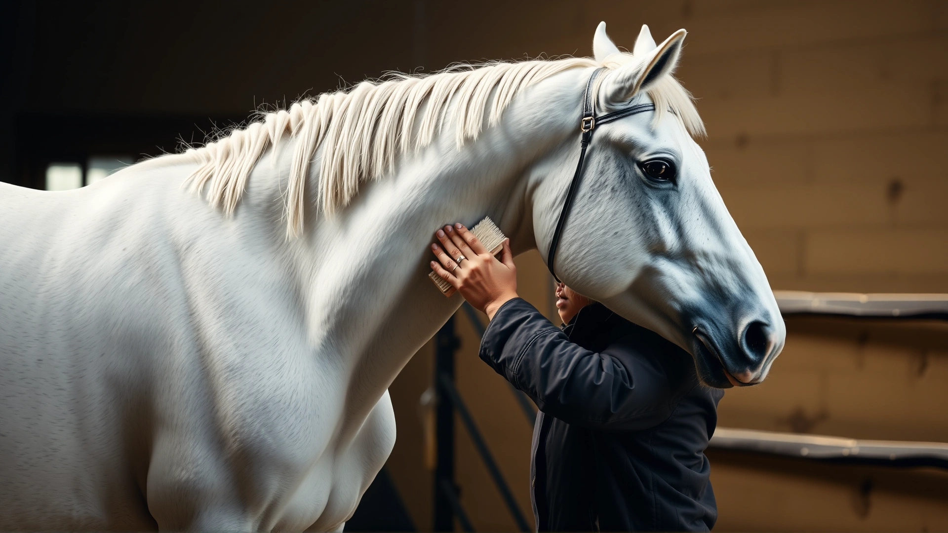 Owner gently brushing the white coat of an albino horse in a stable, soft natural light