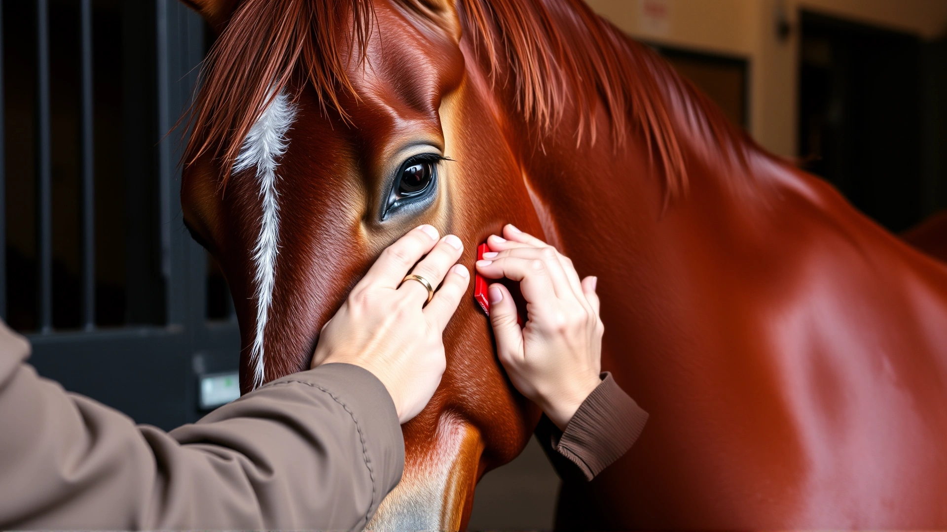 Close-up of a person brushing the shiny coat of a chestnut French Anglo-Arab horse in a stable setting, emphasizing care and bonding, no text.