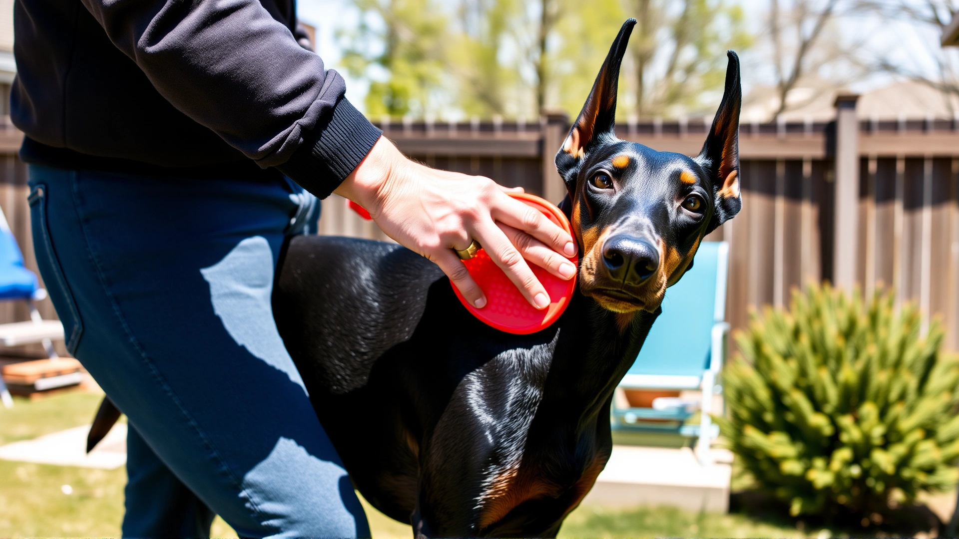Owner brushing a Doberman Pinscher’s short coat with a rubber grooming mitt in a sunny backyard.