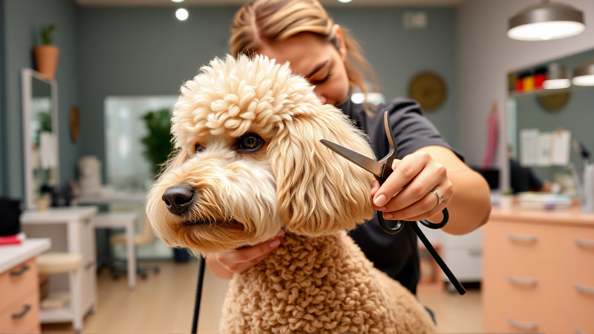 Professional groomer trimming a Standard Poodle’s coat with scissors in a bright, modern pet salon.
