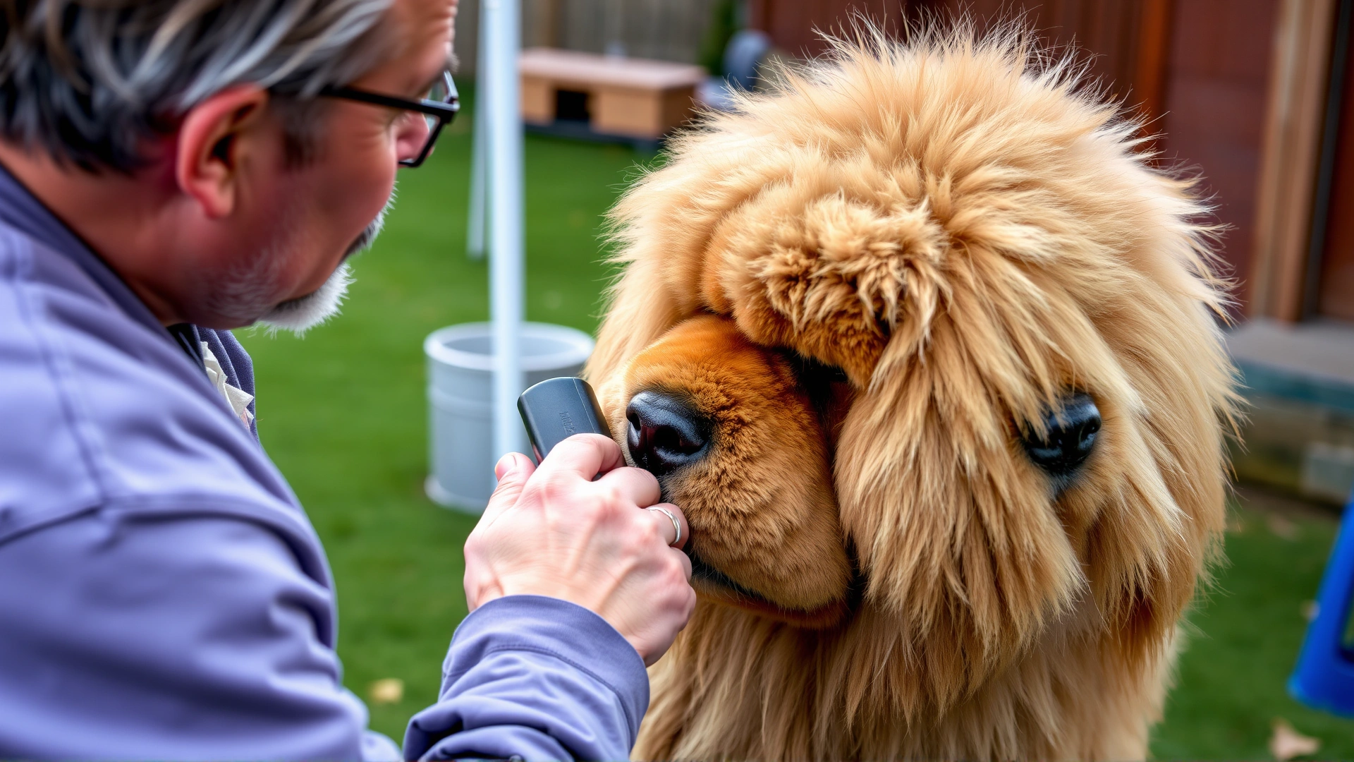 Owner gently brushing the thick coat of a Tibetan Mastiff in a backyard setting, focus on grooming tools and fur texture.